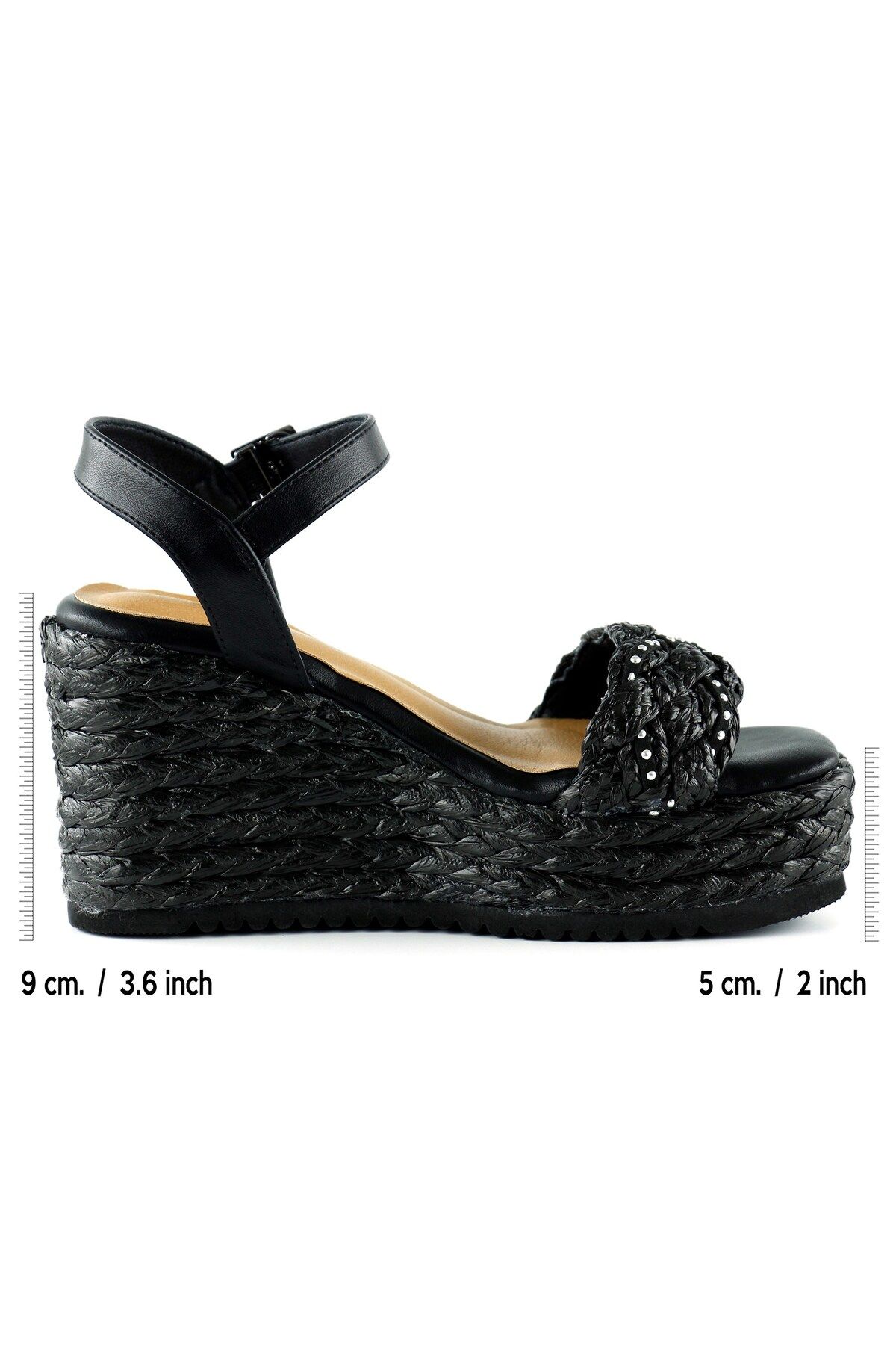 Erkan Saçmacı-Black Pearl Embroidered Buckle Straw Braid Look Wedge Heeled Sandals 2
