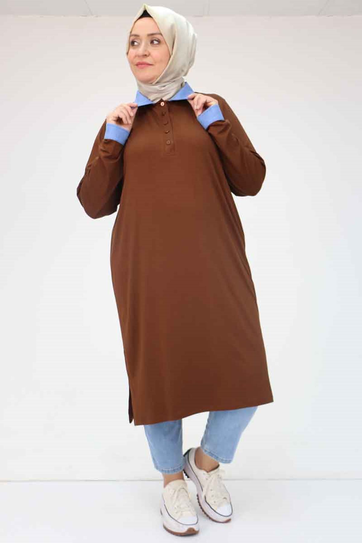 Eslina-58036 Large Size Combed Cotton Tunic with Collar and Sleeve Combination - Brown 4
