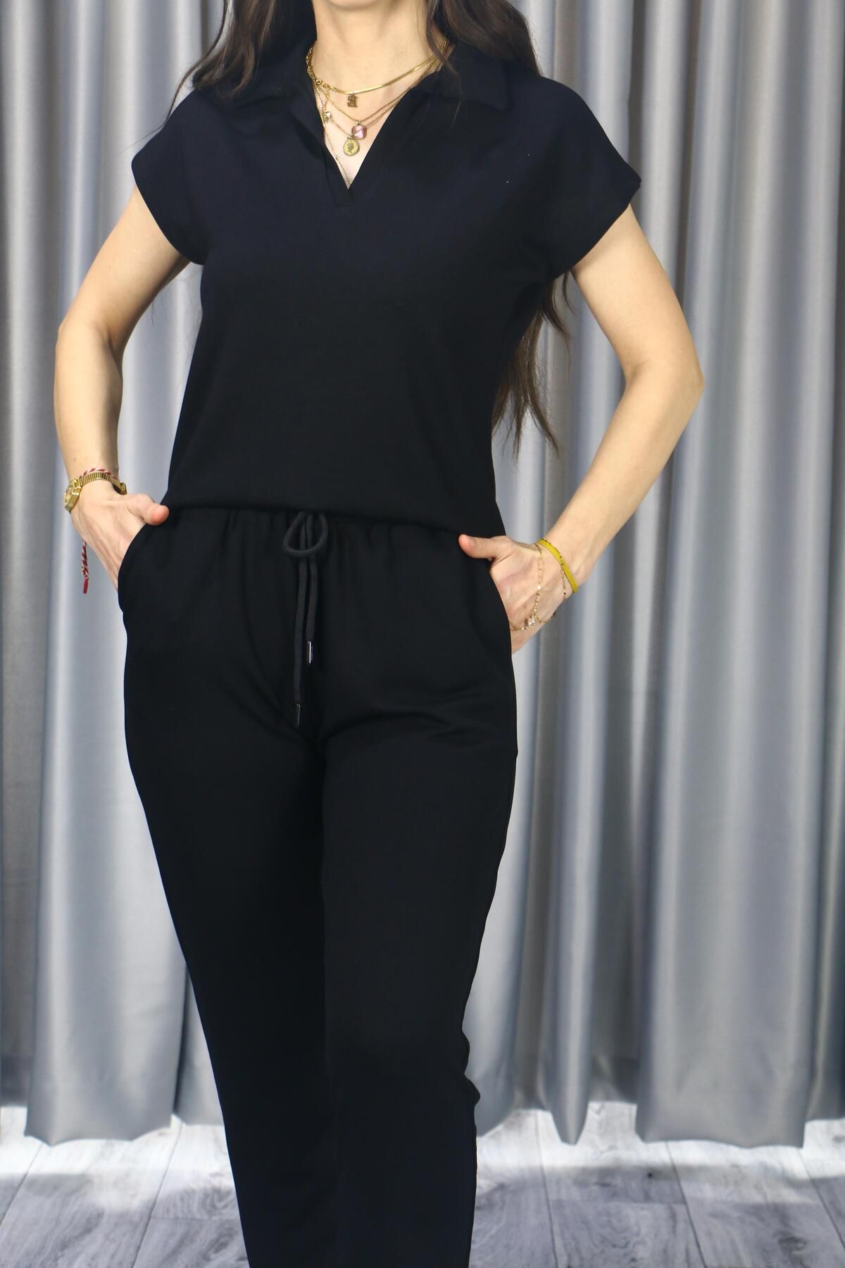 Giyimodam Kadın Modal Kumaş Premium Kalite Polo Yaka Kısa Kollu Jogger Beli Lastikli Bağlamalı Siyah Yazlık/Ba