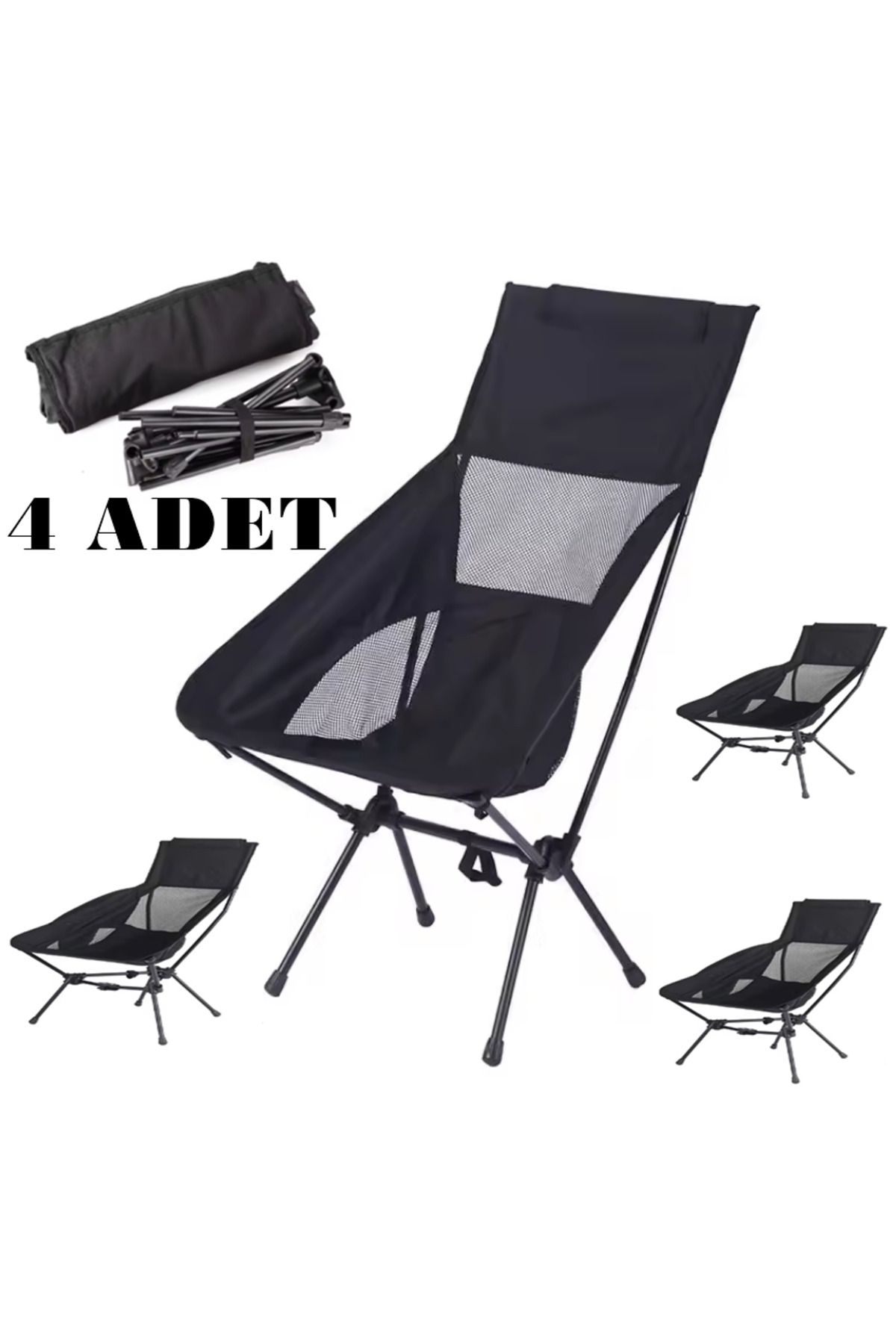 Raiden 4 ADET Siyah Yüksek Boy Kamp Piknik Sandalyesi Katlanır Rejisör ve Taşıma Çantalı Bahçe sandalyesi