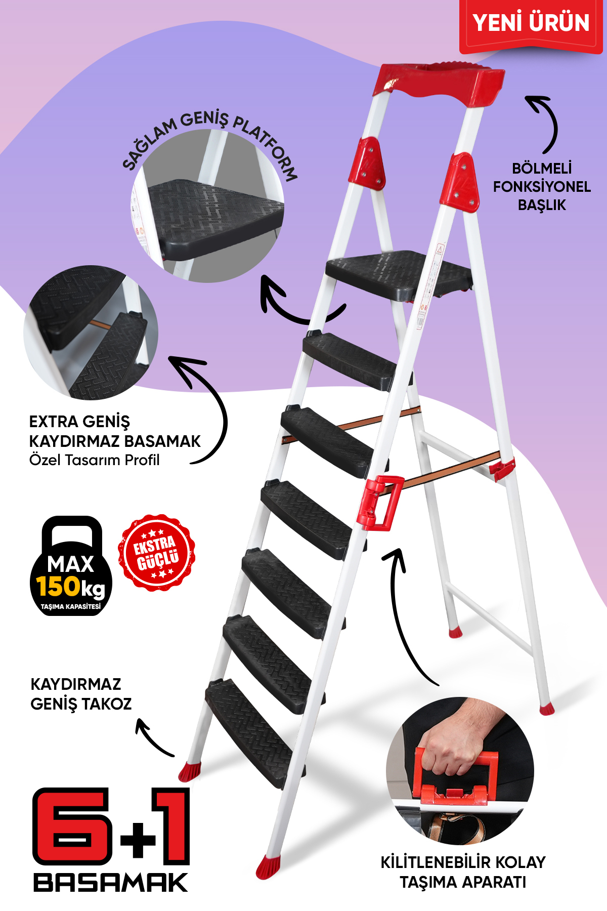 Elegance 6+1 Wide Step Ladder with Easy Carrying Apparatus