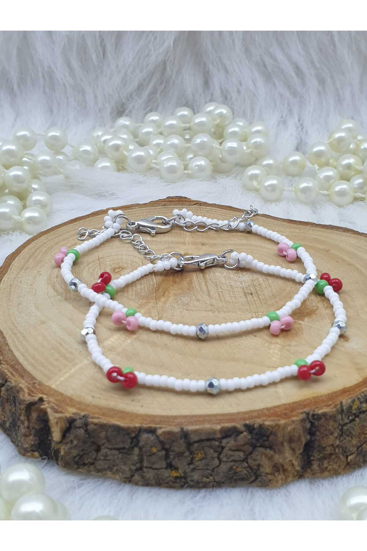 HAPPY HANDMADE-2Pcs 19cm Cherry Bracelet/Pink Red Friendship Sisterhood Bracelet/Gift 2