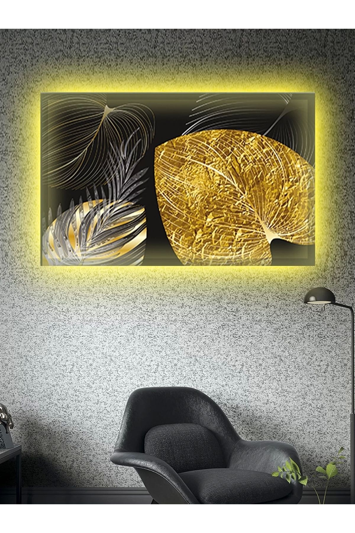 feifei Led Işıklı Gold Siyah Yaprak Tablo