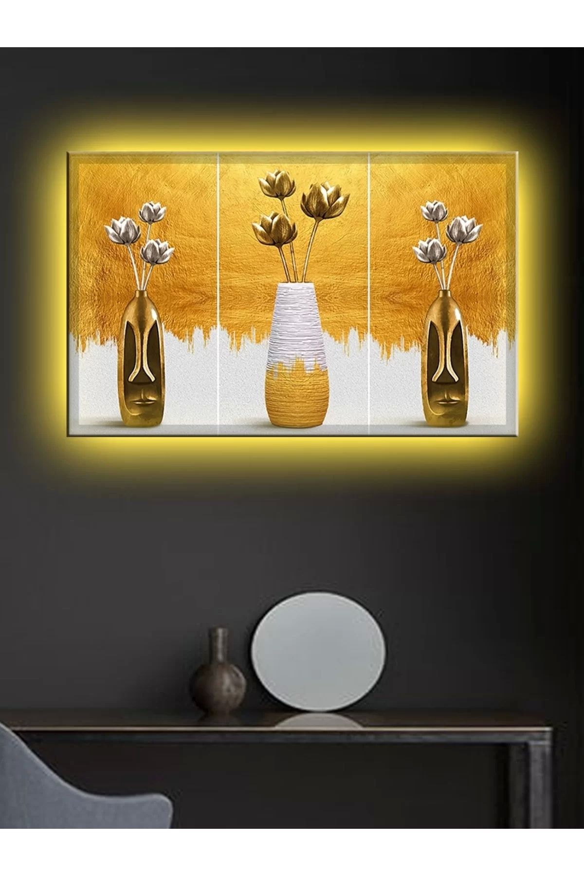 feifei Led Işıklı Üçlü Gold Vazo Çok Şık Kanvas Tablo