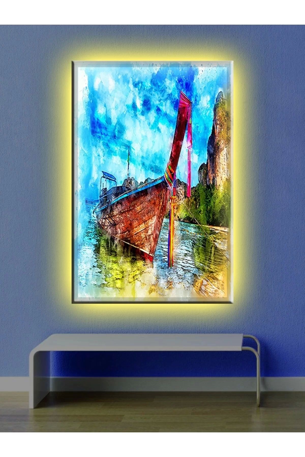 feifei Led Işıklı Kayık Yağlı Boya Tarzı Kanvas Tablo