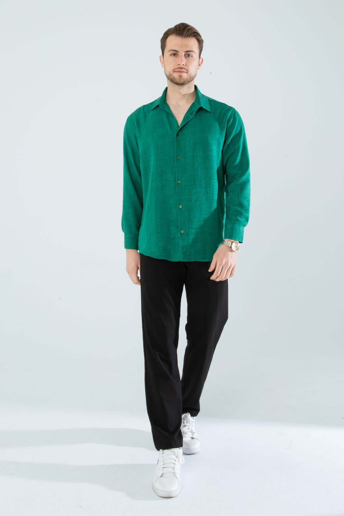 a02teks-Seasonal Linen Textured Loose Fit Long Sleeve Oversize Men's Shirt Green 2