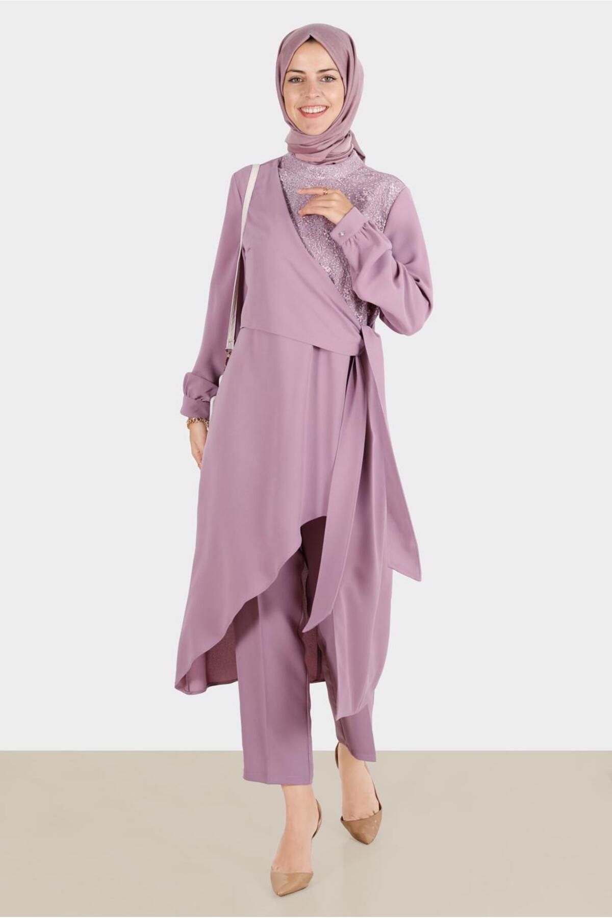 گیپور دو شلوار با جزئیات صحافی. SET 30283 Alvina