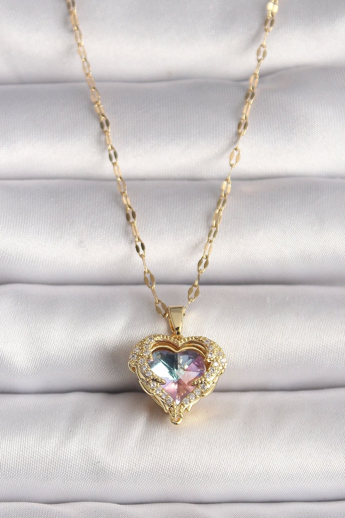 Nemere 316L Çelik Gold Renk Zirkon Taşlı Renkli Kalp Model Kadın Kolye - TJ-BKO9697