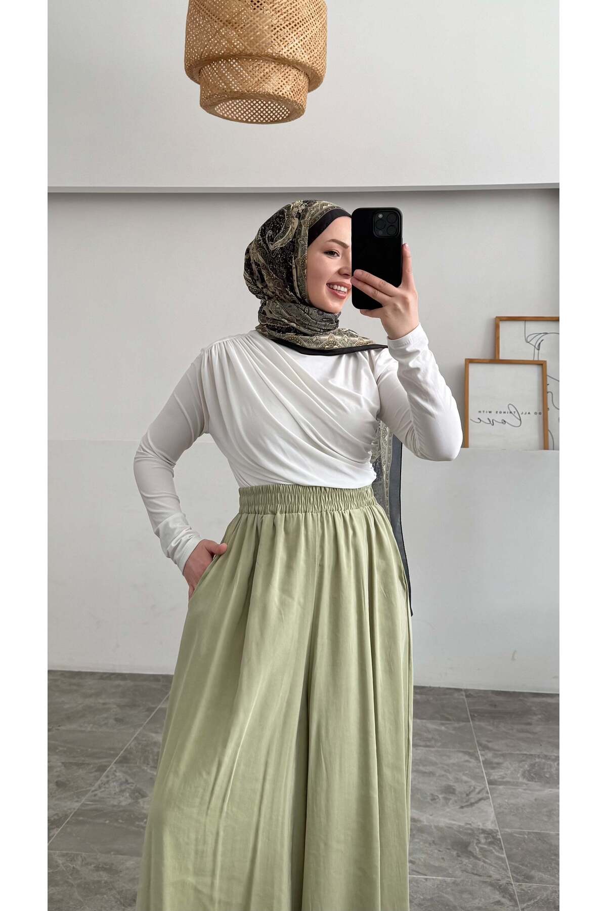 Hatun Atila  Beli Lastikli Geniş Paça Modal Etekli Pantolon - Su Yeşili - Görsel 4