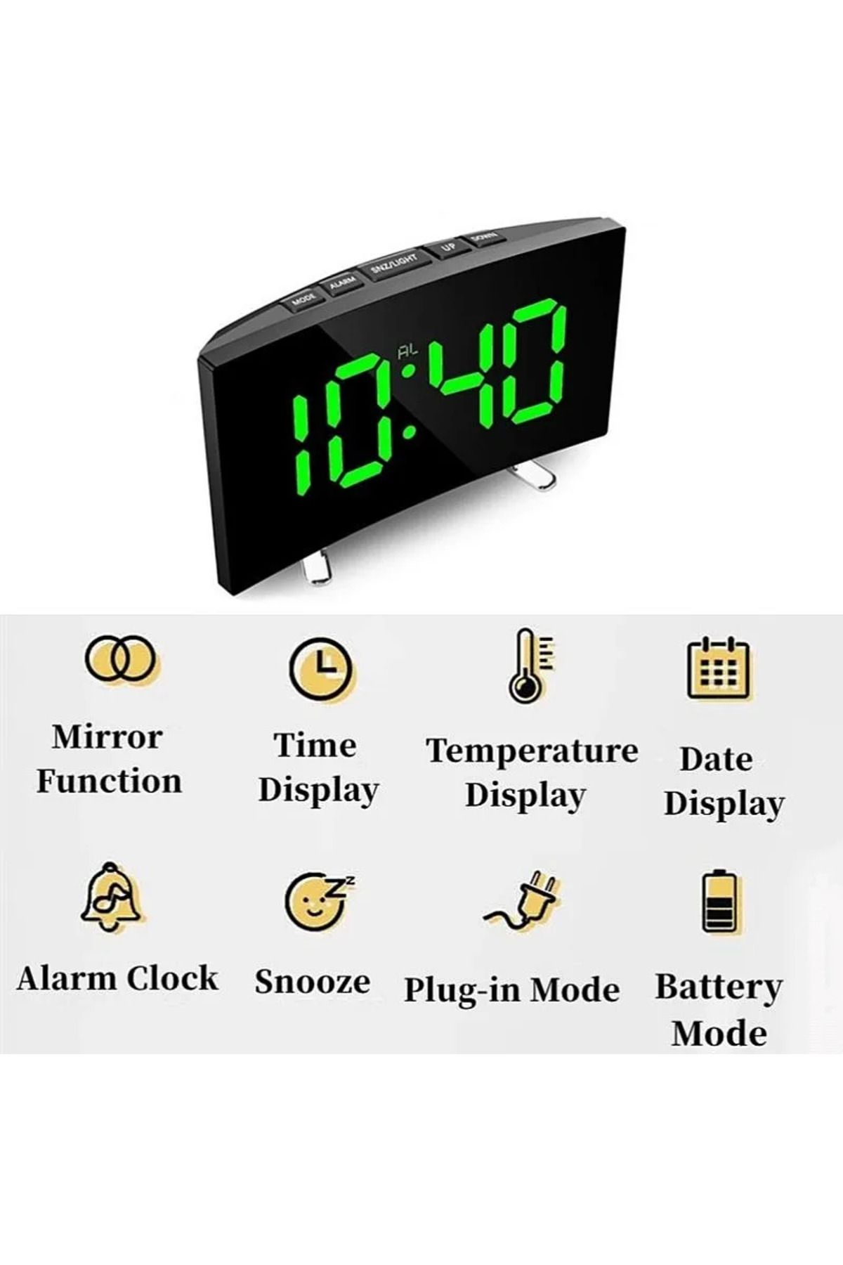 Choice-Green Only Time Mirror Digital Alarm Clock Temperature Date 2 Levels of Brightness Adjustment Snooze 1