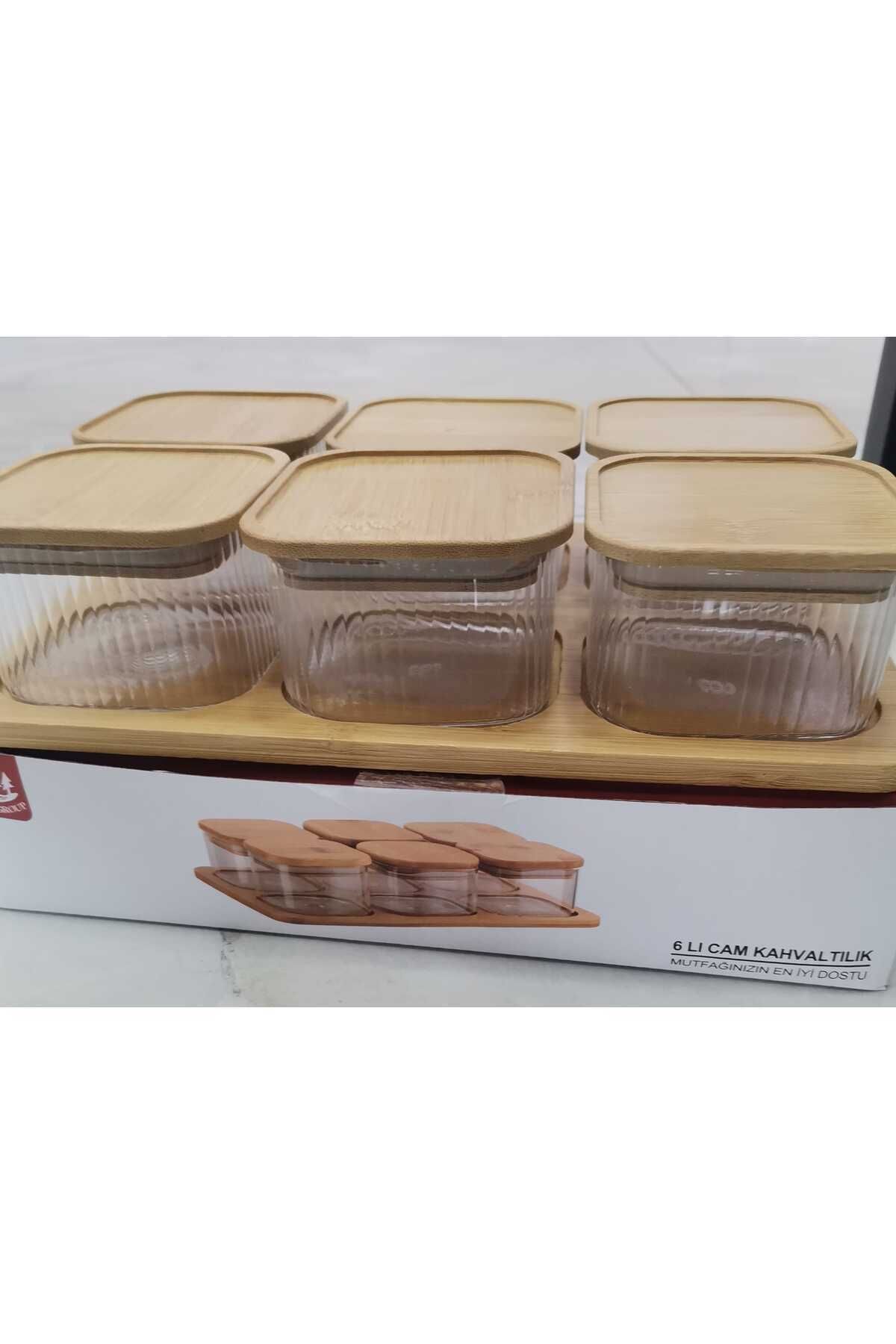 Balsa Grup Balsa MRK model 13 parça bambu tepsili bambu kapaklı borasilikat cam kahvaltılık seti