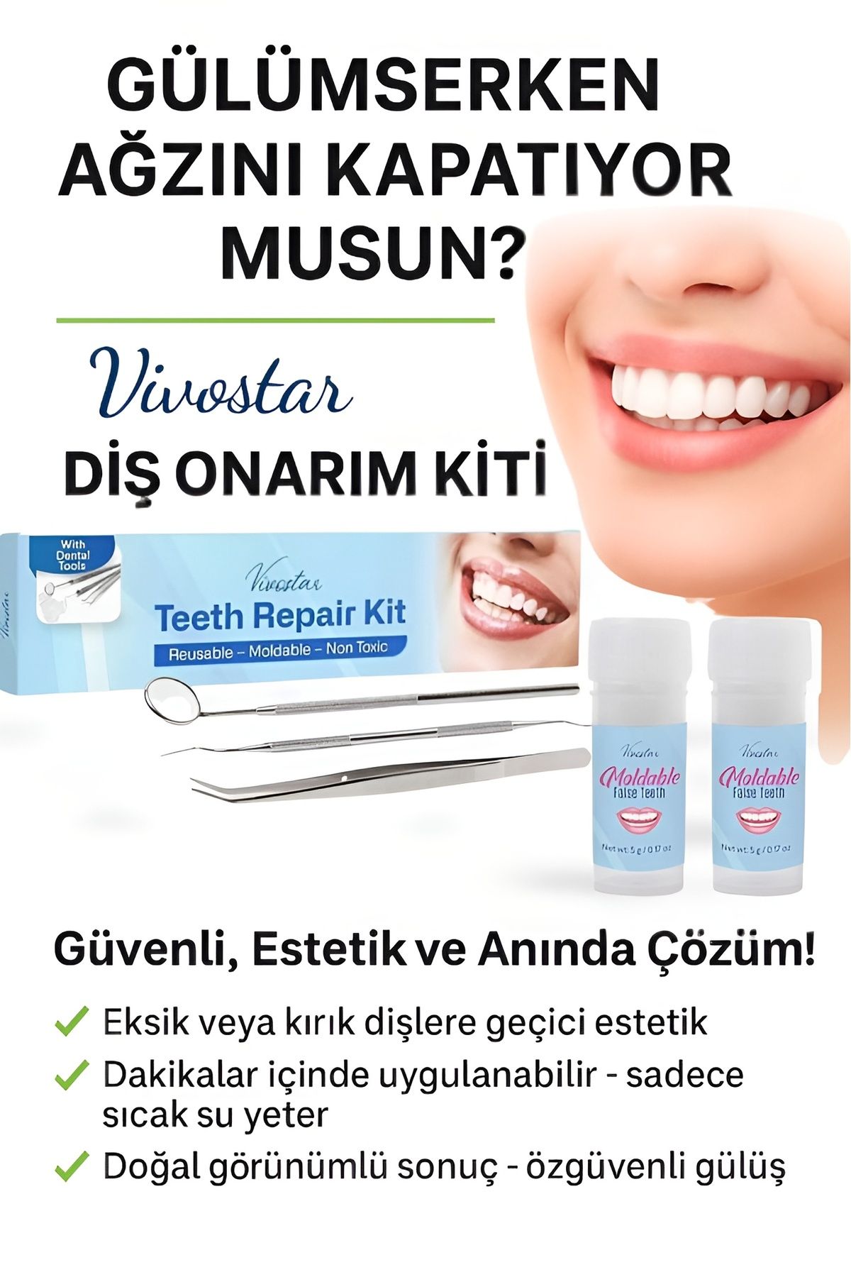 Moldable Vivostar Diş Onarım Kiti. Takma Diş, Protez Diş, Diş Dolgusu, Geçici Diş, Diş Onarımı