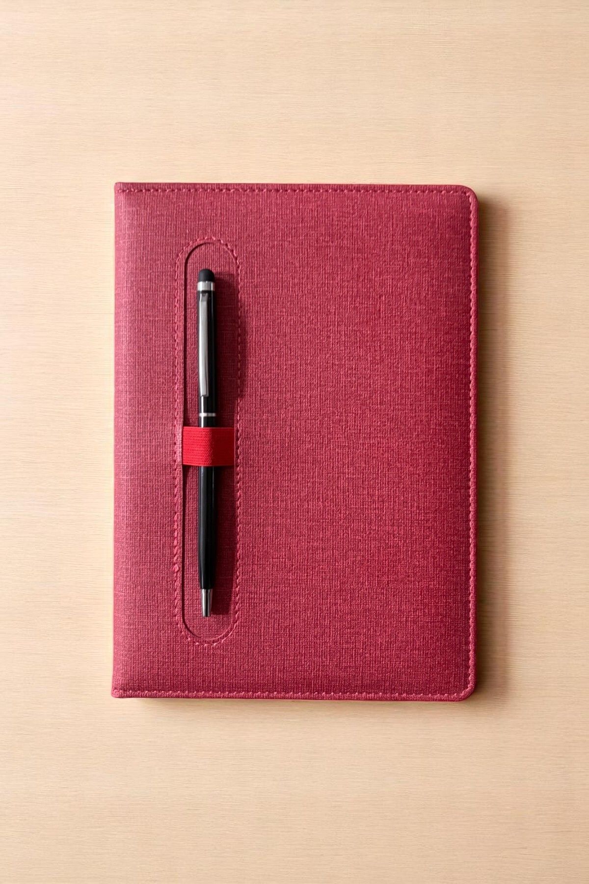 nesnelgift-Modern Design Pen Agenda Claret Red Fabric Covering - Metal Pen with Black Touchpen as a Gift 3