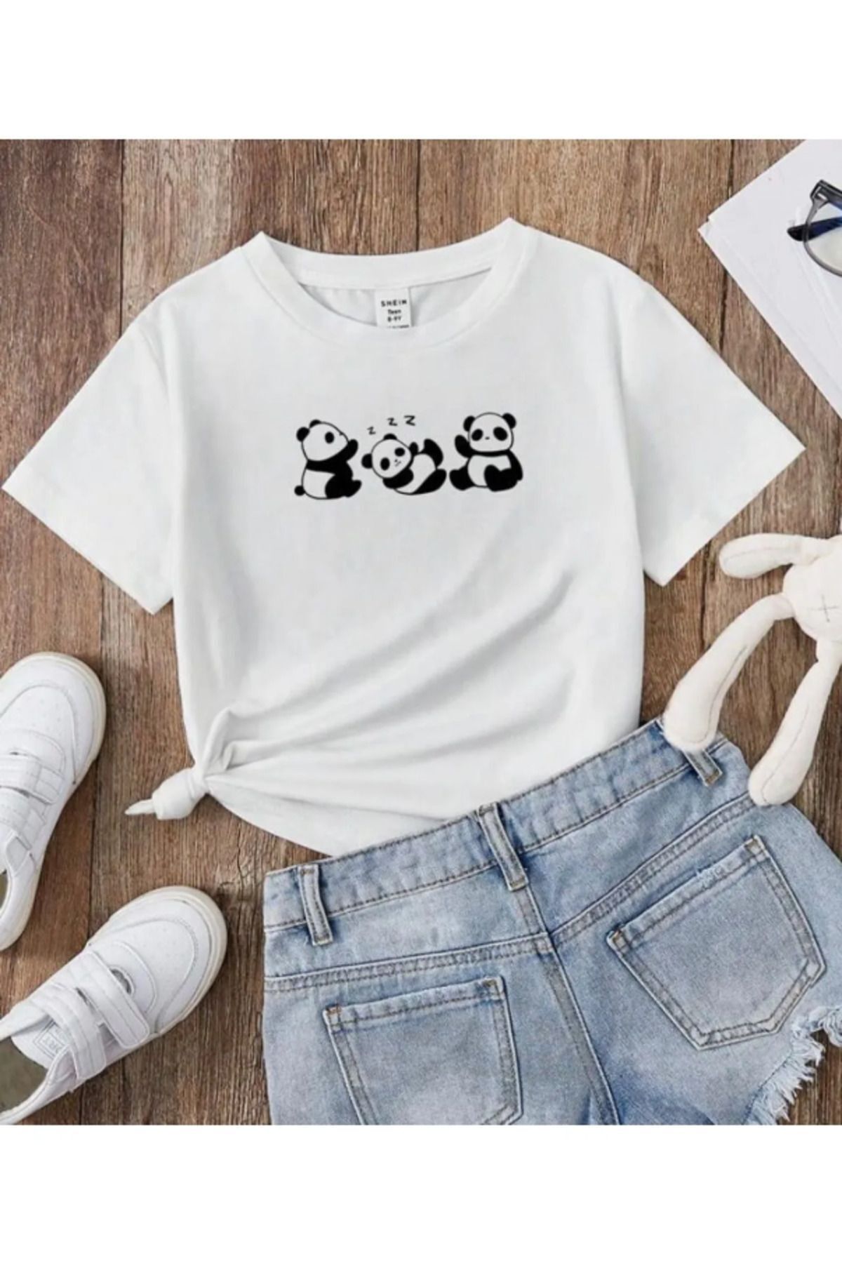 FoxSkin Sportswear&Company Sevimli Pandalar Çocuk Tişört - Beyaz Baskılı Oversize Yazlık Kısa Kol T-Shirt Bisiklet Yaka