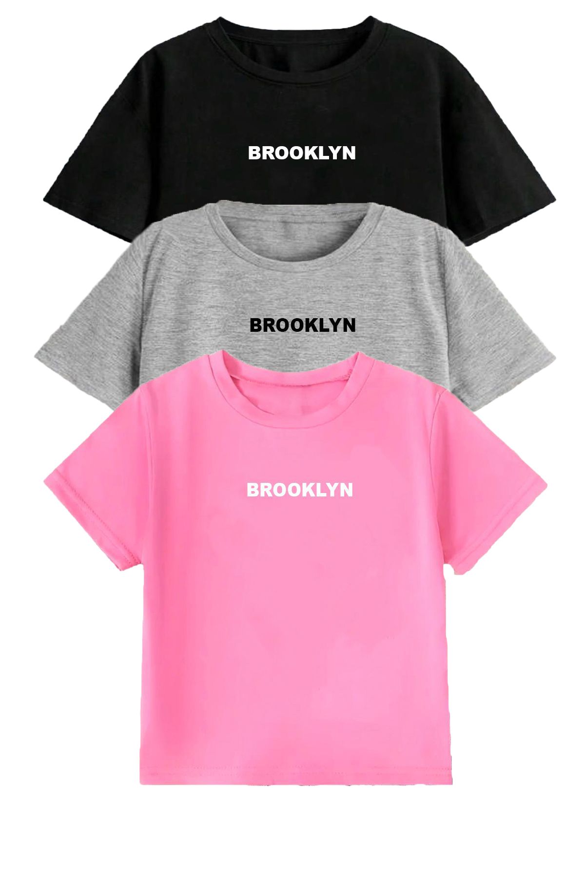 FoxSkin Sportswear&Company 3'Lü Brooklyn Çocuk Tişört - Siyah Gri Pembe Baskılı Oversize Yazlık T-Shirt Bisiklet Yaka