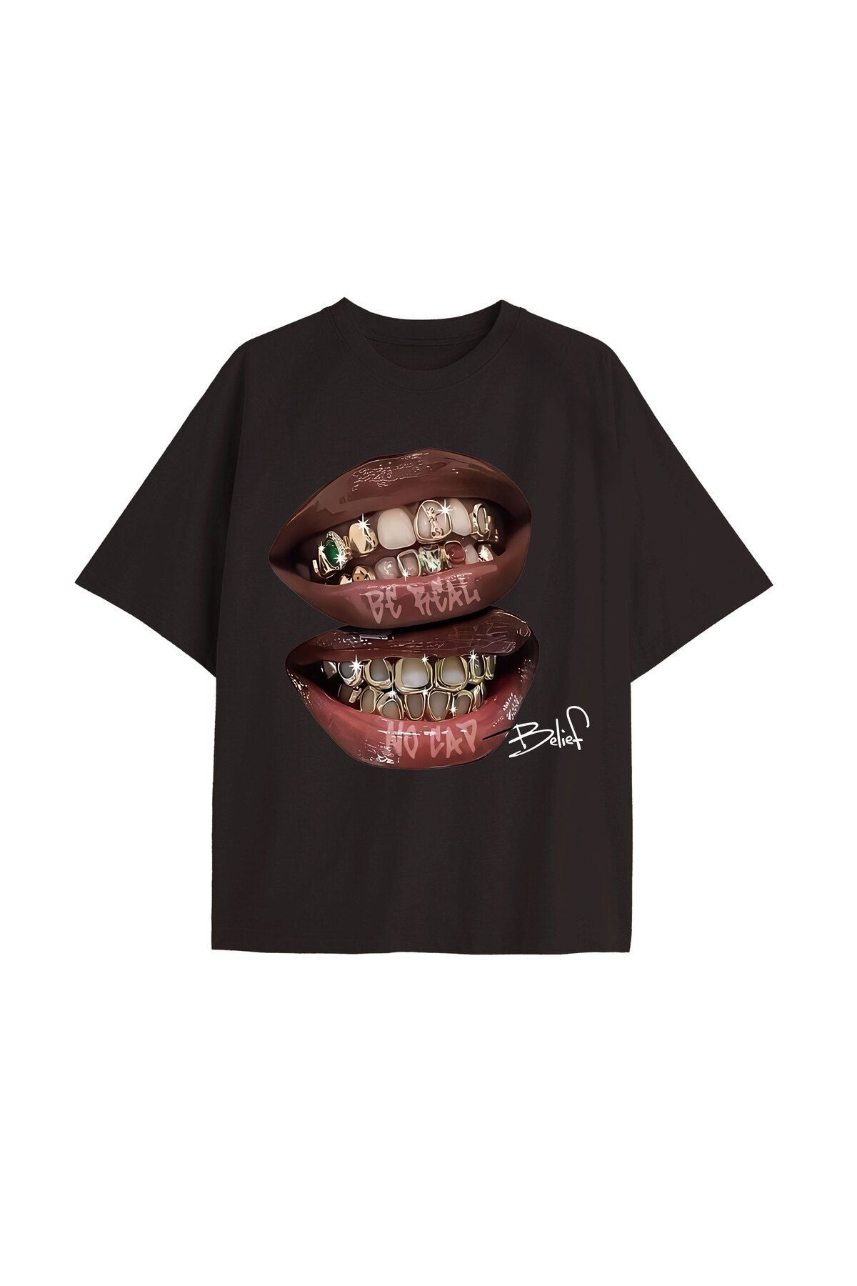 FoxSkin Sportswear&Company Siyah Belief Grillz Tişört - Baskılı Oversize Yazlık T-Shirt Bisiklet Yaka