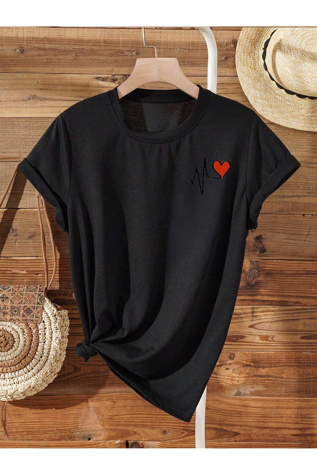 FoxSkin Sportswear&Company Ritim Kalp Tişört - Siyah Baskılı Oversize Yazlık Kısa Kol T-Shirt Bisiklet Yaka