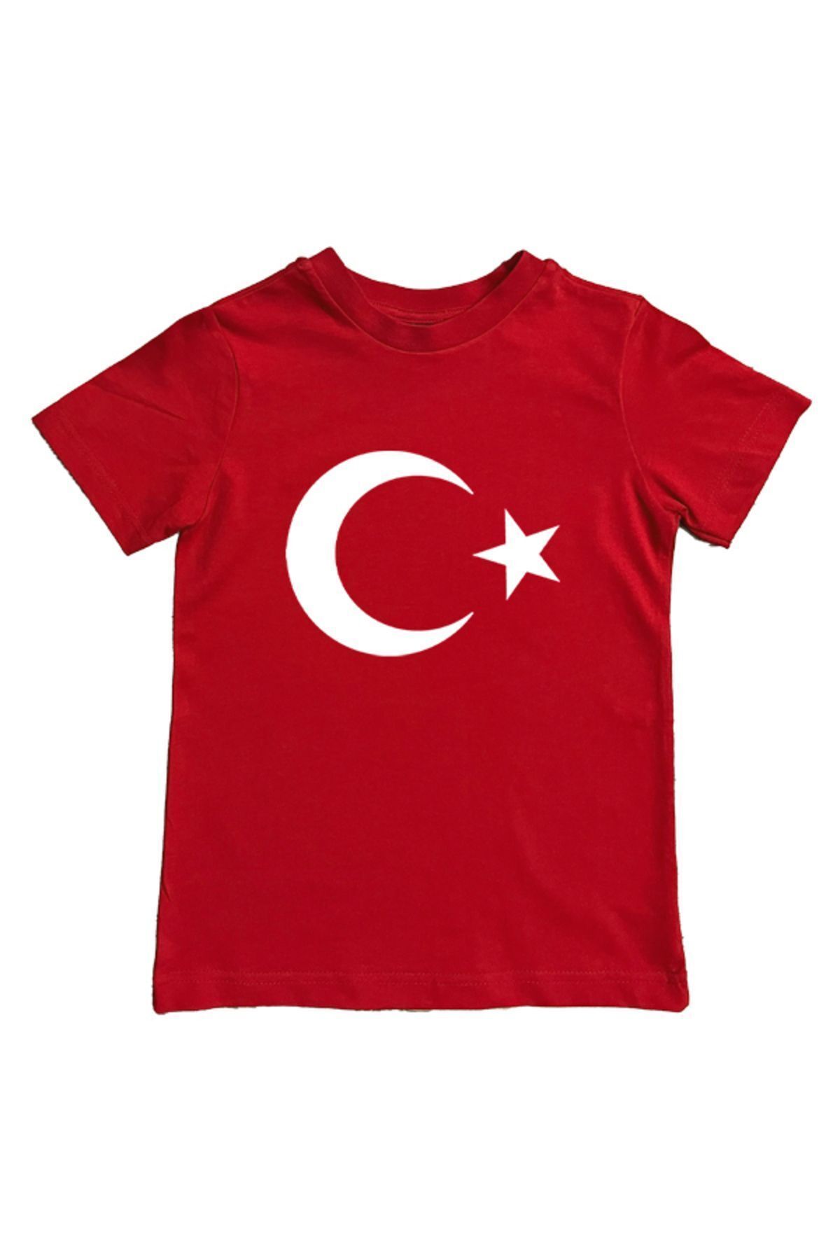 FoxSkin Sportswear&Company Türk Bayrak Çocuk Tişört - Kırmızı Baskılı Oversize Yazlık Kısa Kol T-Shirt Bisiklet Yaka
