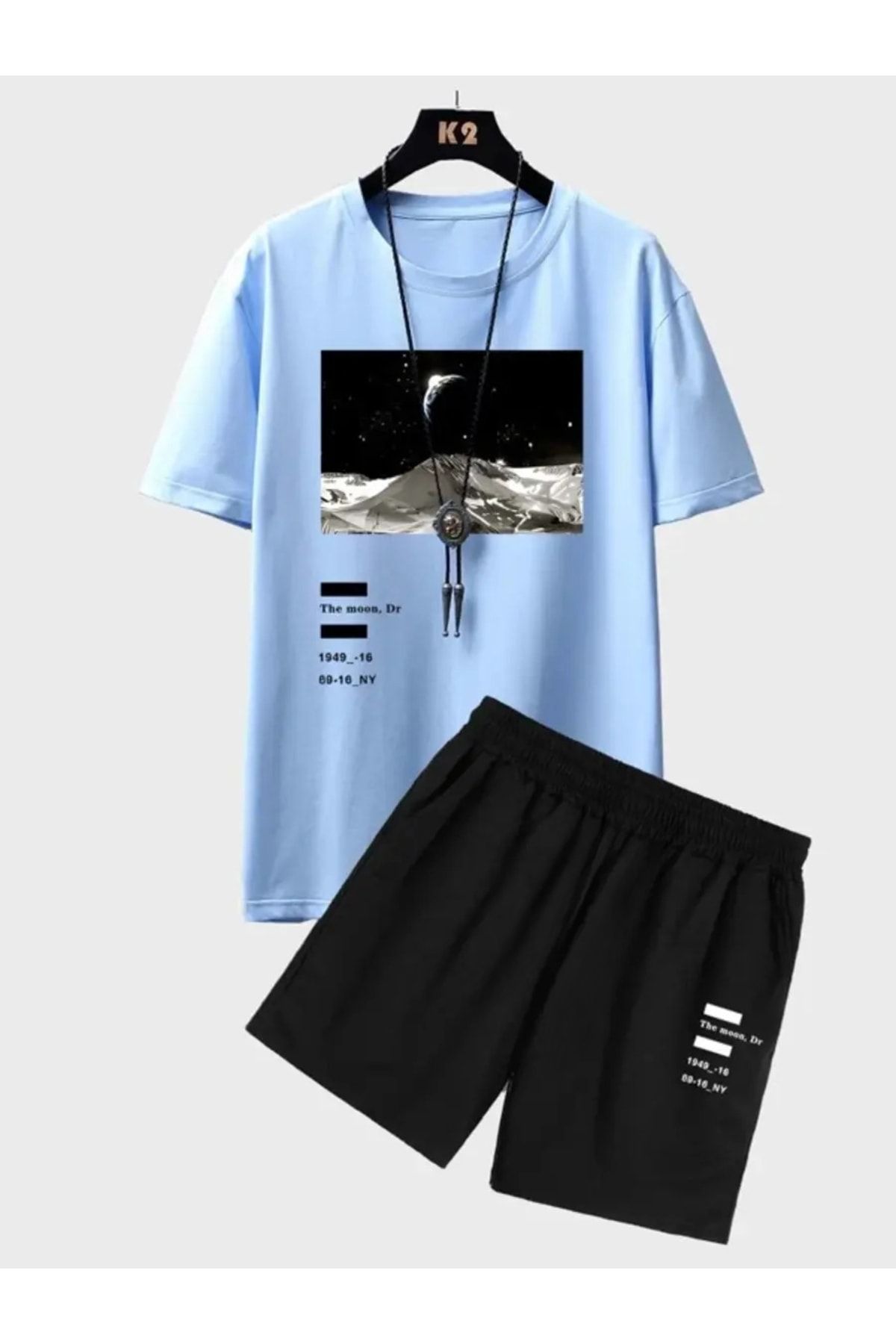 FoxSkin Sportswear&Company Bebe Mavi Siyah Moon Tasarım T-Shirt Şort - Alt Üst Takım Şort Tişört Kombin Baskılı Bisiklet Yaka