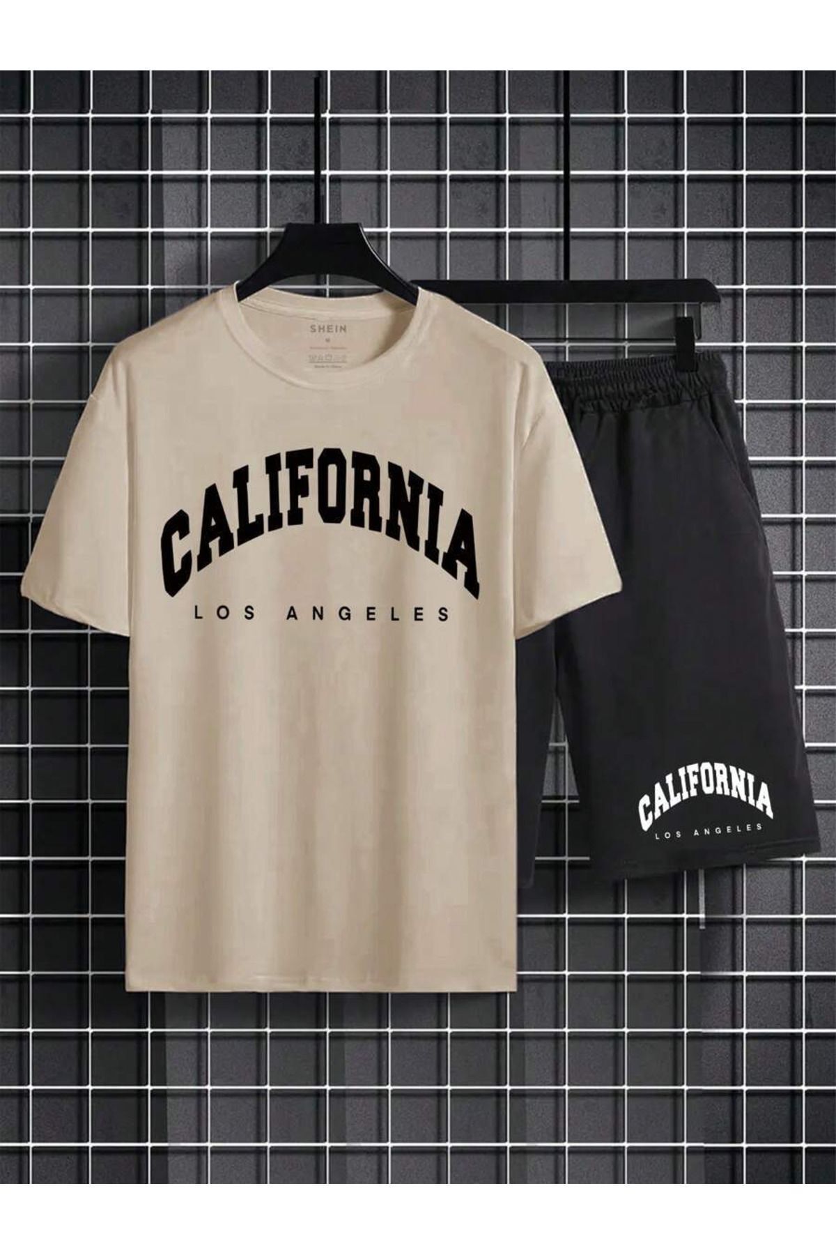 FoxSkin Sportswear&Company Bej Siyah California La T-Shirt Şort - Alt Üst Takım Şort Tişört Kombin Baskılı Bisiklet Yaka