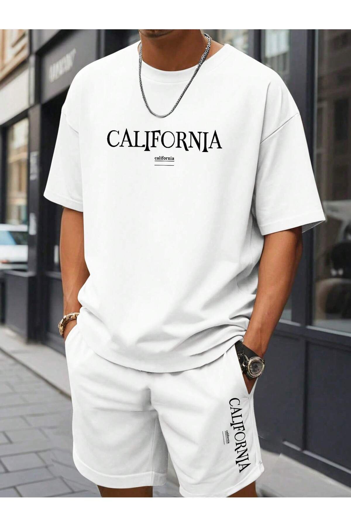 FoxSkin Sportswear&Company California Tasarım T-Shirt Şort - Beyaz Alt Üst Takım Şort Tişört Kombin Baskılı Bisiklet Yaka