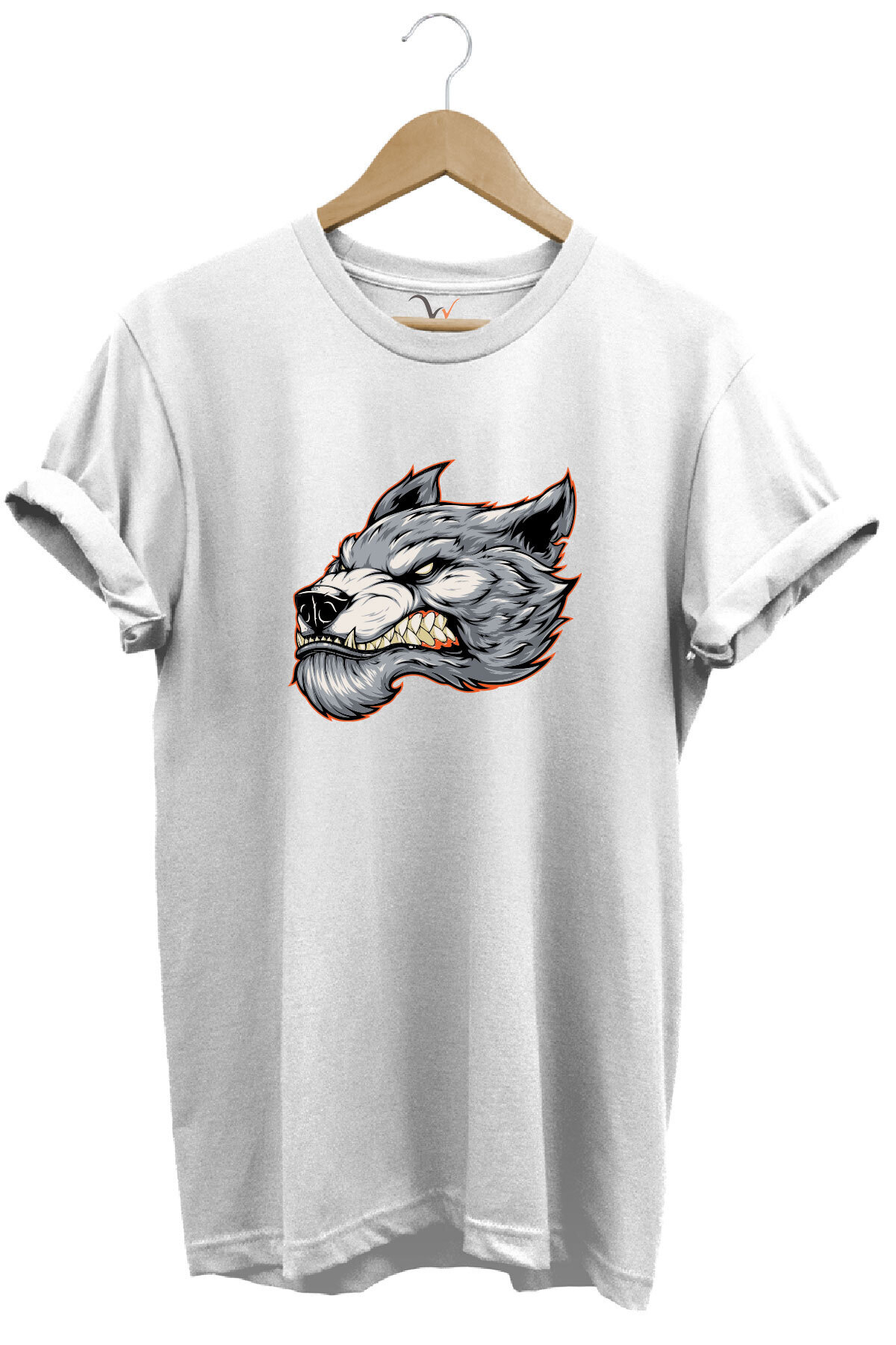 WİDİ Tricou Alb Premium Cu Decolteu Rotund, 100% Bumbac, Cu Design Angry Aggressive Wolf Unisex - 3XL