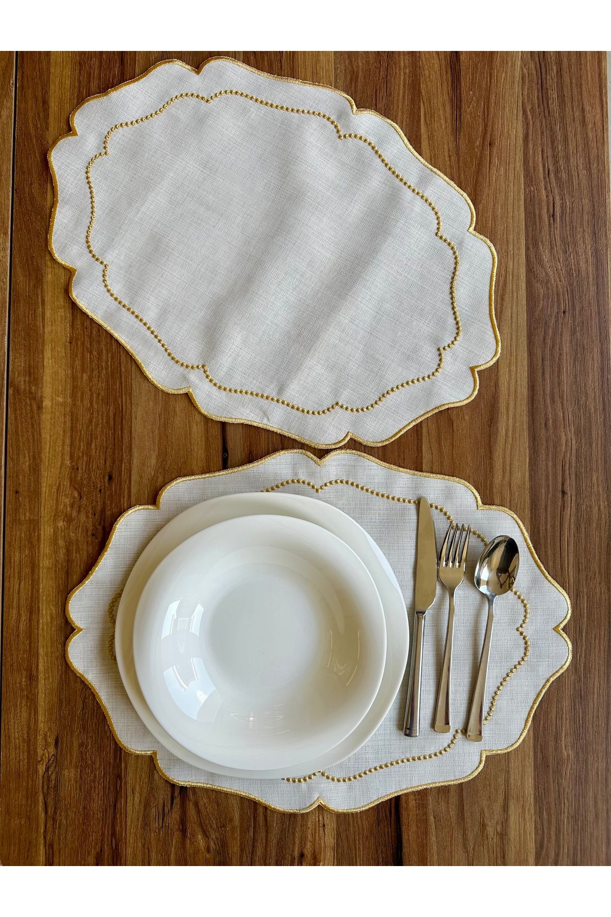 NURHAN HOME COLLECTION-2 Pieces Pearl Grain Embroidered Gold American Service Plate 1