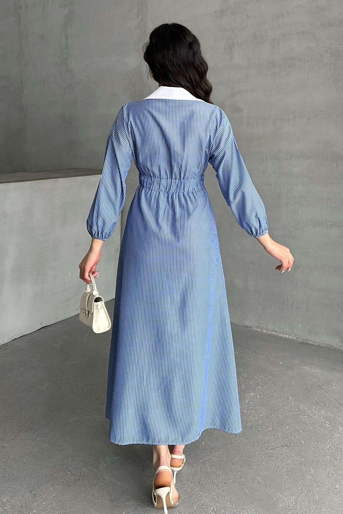 MD trend  Kadın Çizgili Düğmeli Yaka Garnili Bel Lastikli Uzun Elbise - Görsel 4