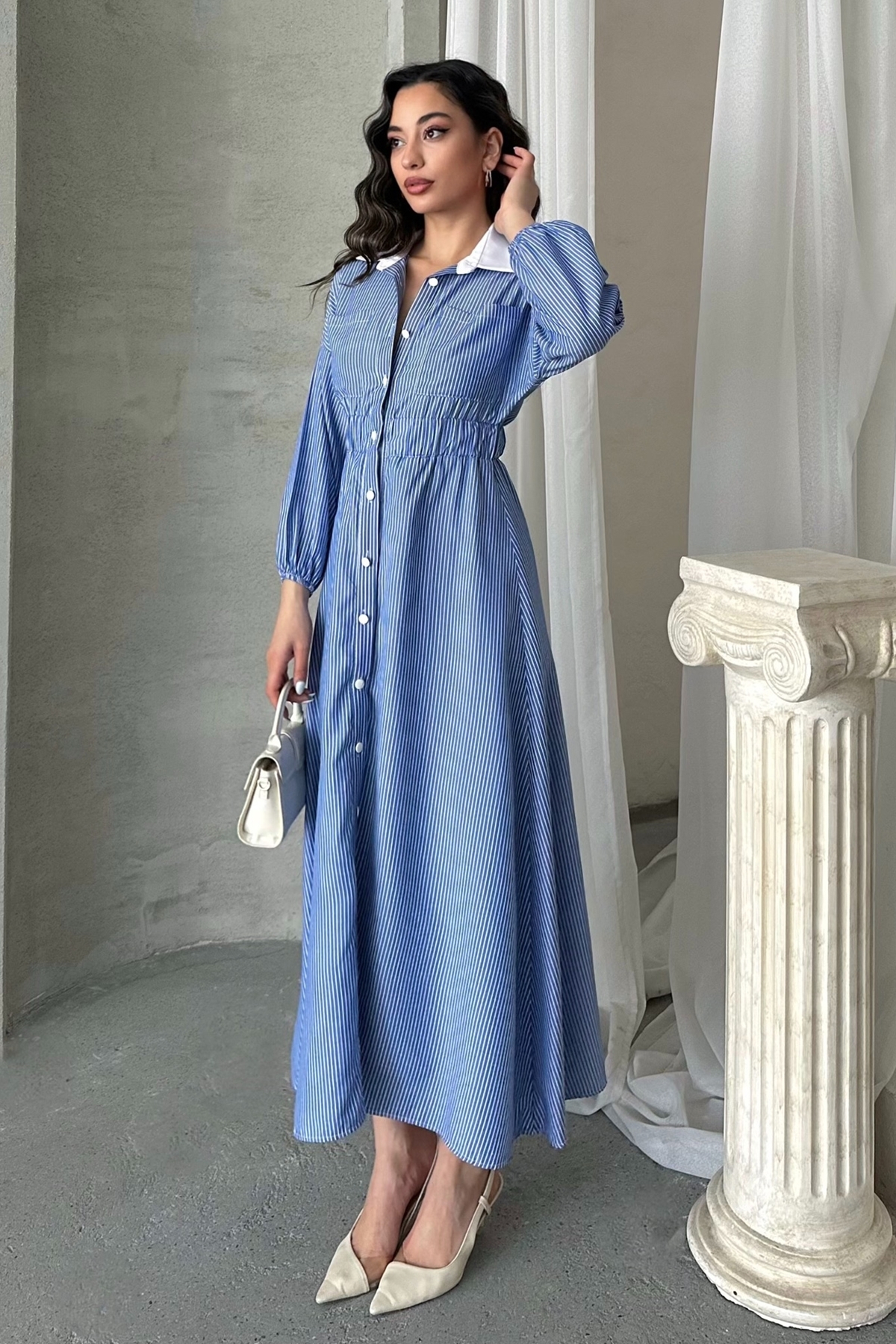 MD trend  Kadın Çizgili Düğmeli Yaka Garnili Bel Lastikli Uzun Elbise - Görsel 2