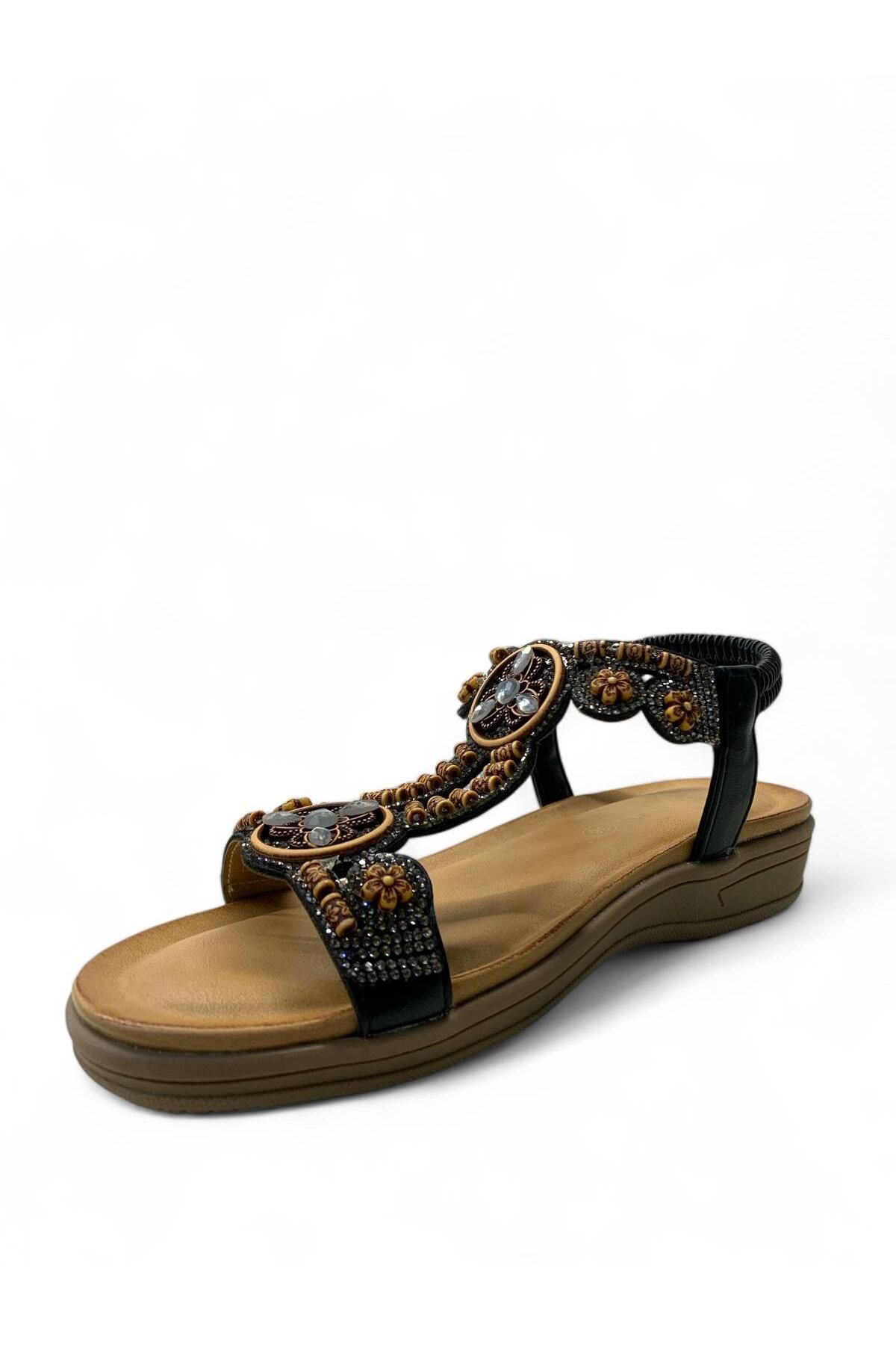 Tuğba Ortopedi-7053 Women's Anatomical Black Stone Sandals 3