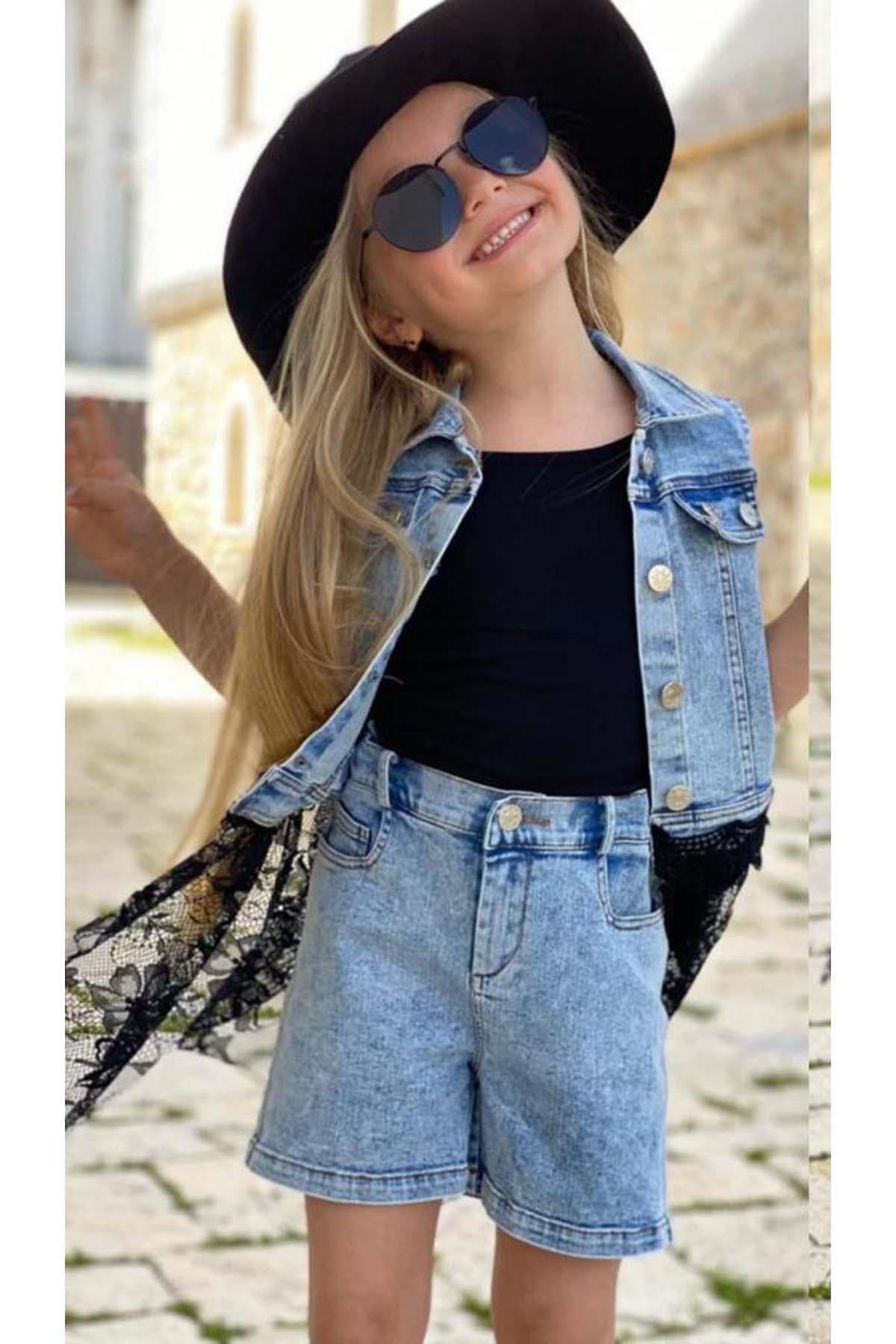 Riccotarz-Girl's Crew Neck Combed Cotton Blouse Lace Embroidered Black Tulle Jean Jacket Hat Shorts Suit 6