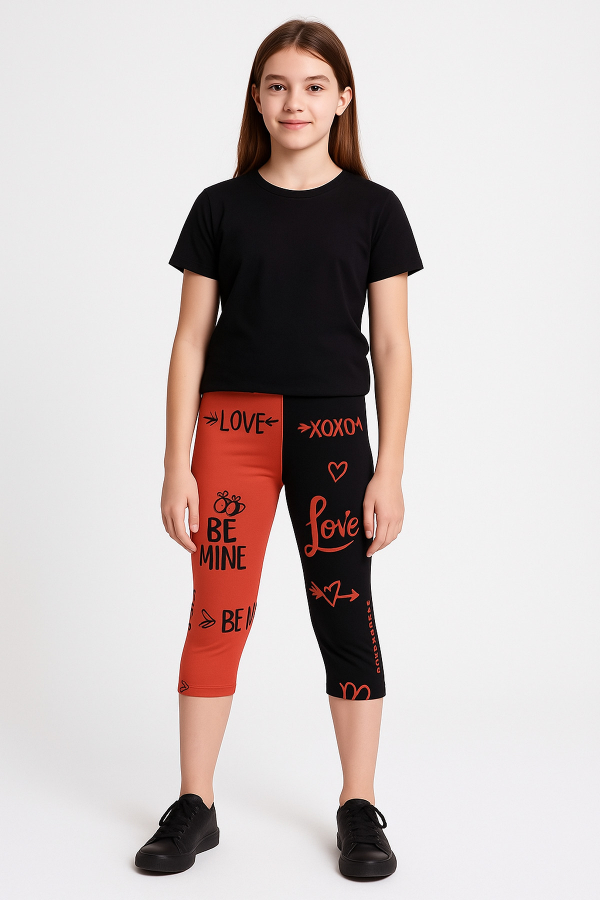 Girls TWO Colors Printed Capri Leggings Patched Style Text Printed Two Colors Design