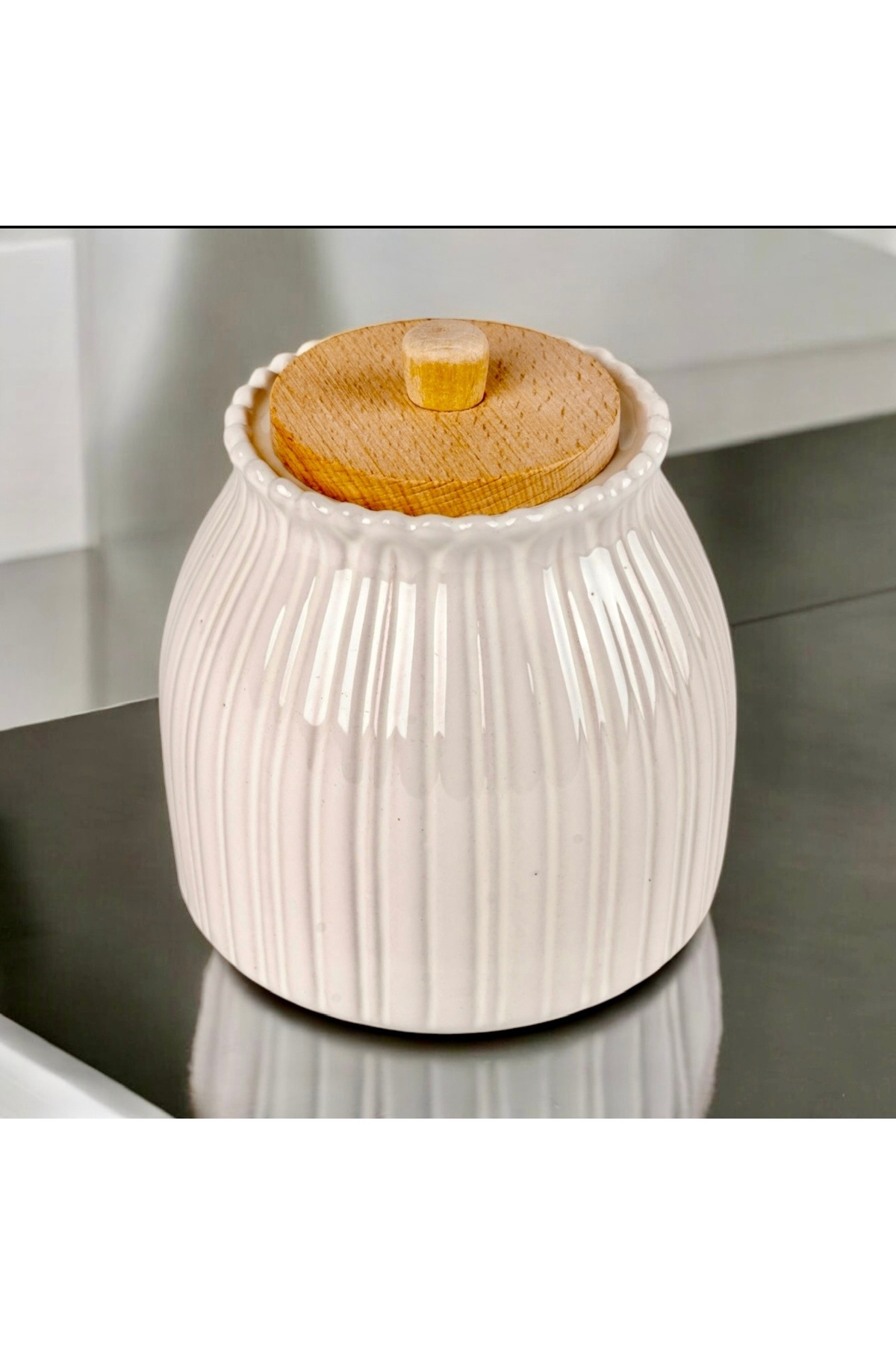 Kitchen Pembelia-Porcelain Salt, Coffee, Pulses Jar with Bamboo Vacuum Lid 2
