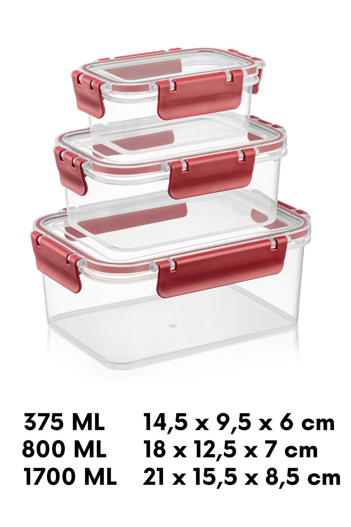welcomein-Set of 3 Rectangular Storage Containers with Red Lid, Airtight, Refrigerator Compatible 3