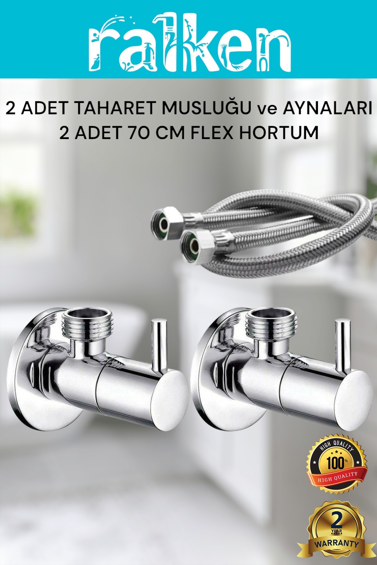 RALKEN Taharet Musluğu Seti 2 Adet Çubuk Kollu Ara Musluk & Taharet Musluğu ve 2 Adet 70 cm Flex Hortumu