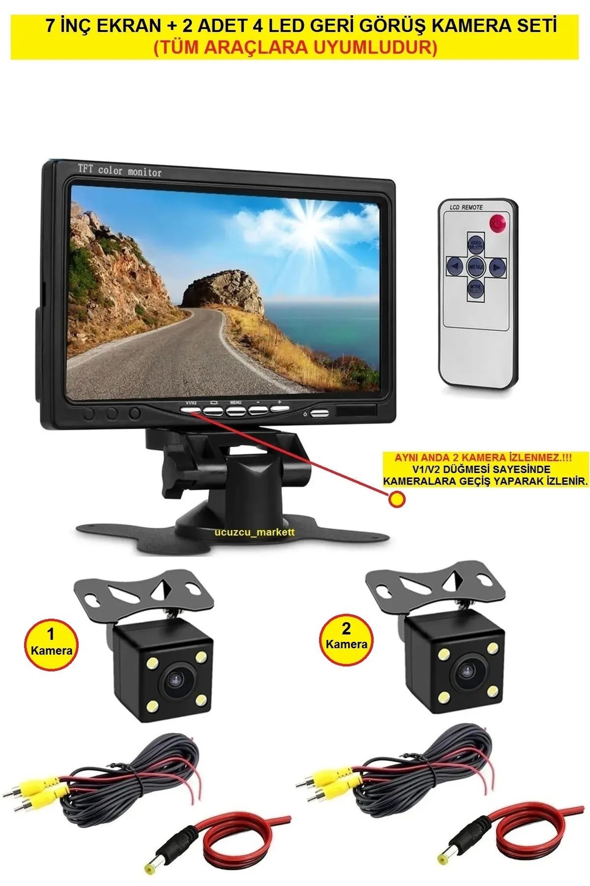 Uygun 7 İNÇ EKRAN + 2 ADET 4 LED GECE GÖRÜŞLÜ KAMERA SETİ