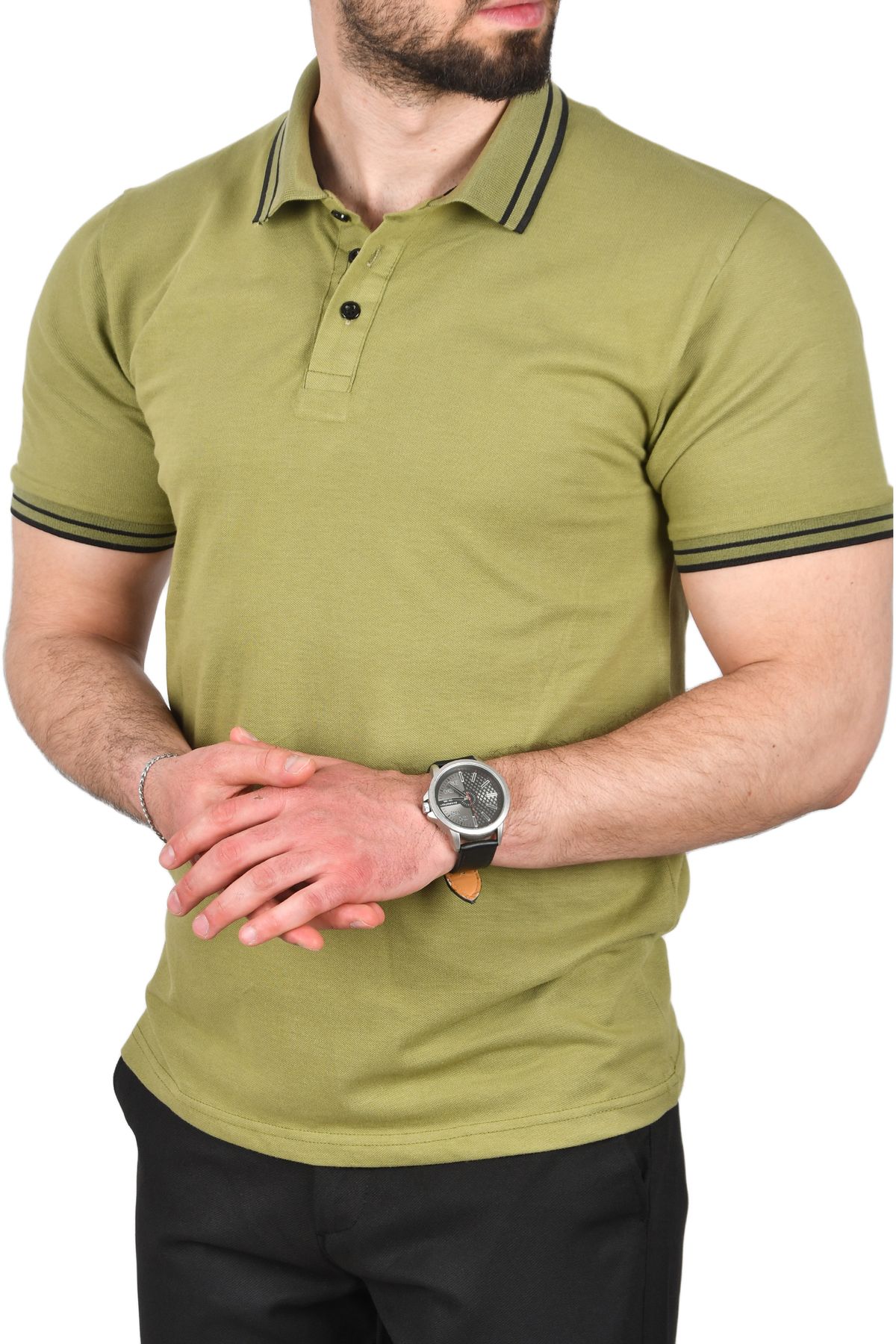 DeepSEA-Men's Green Slim Fit Cotton Fabric Polo Neck T-Shirt Breathable Slim Fit Non-Curling Collar T-Shirt 25030 2