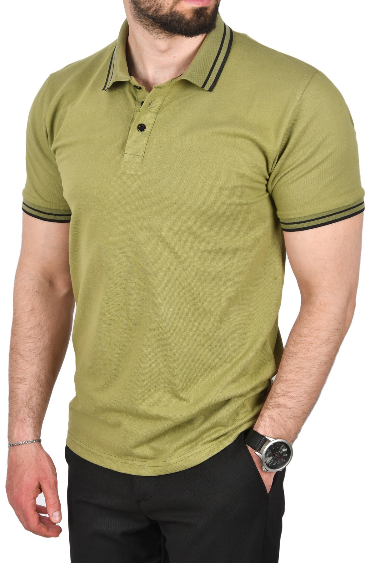 DeepSEA-Men's Green Slim Fit Cotton Fabric Polo Neck T-Shirt Breathable Slim Fit Non-Curling Collar T-Shirt 25030 4