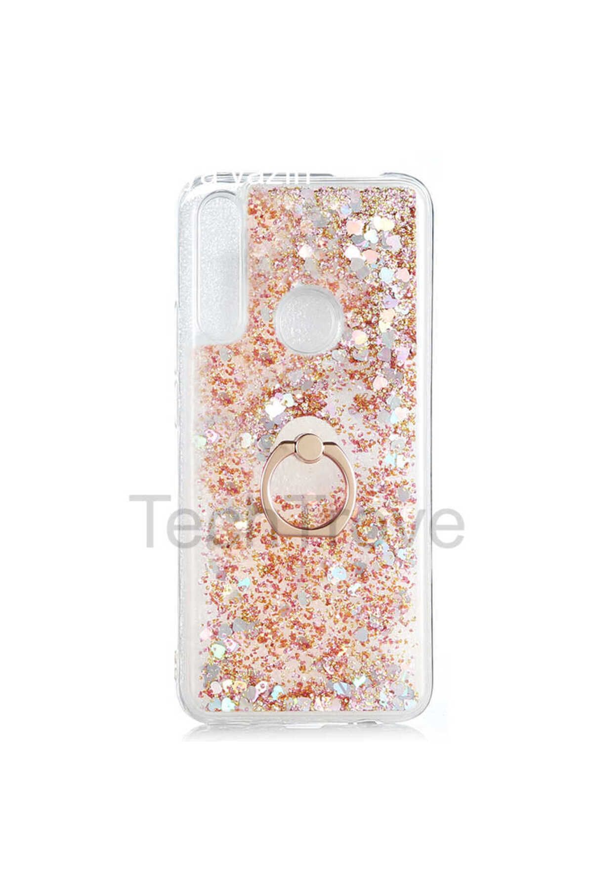 TechTrove Huawei Y9 Prime 2019 Kılıf Simli Sıvılı Tasarım Kamera Koruma Çıkıntılı Yüzüklü Şık Kapak