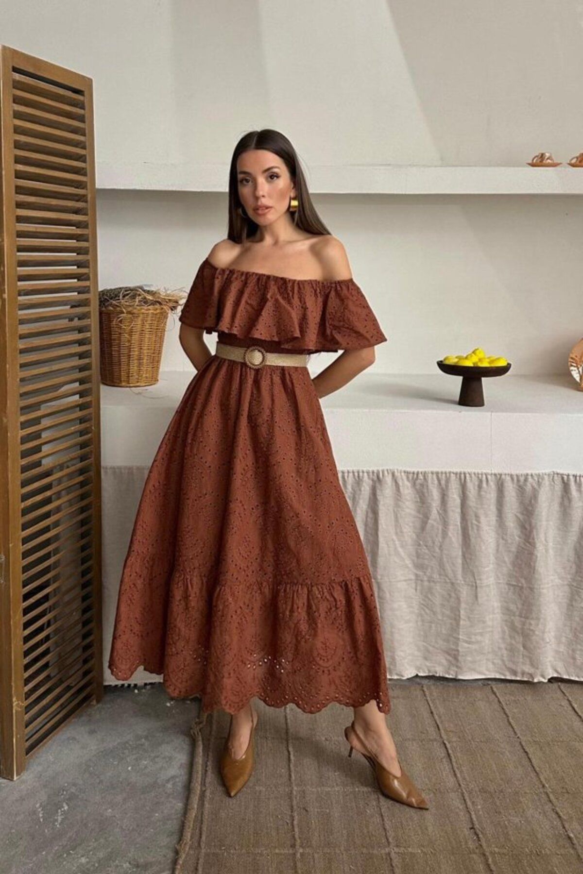velmorafashion Kahverengi Omzu Lastikli Brode Elbise