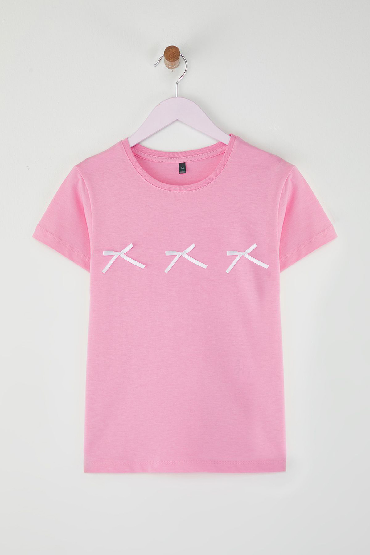 Trendyolmilla Kids Pembe Kız Çocuk %100 Pamuk Kurdele Detaylı Kısa Kol Örme T-Shirt TKDSS25TS00105