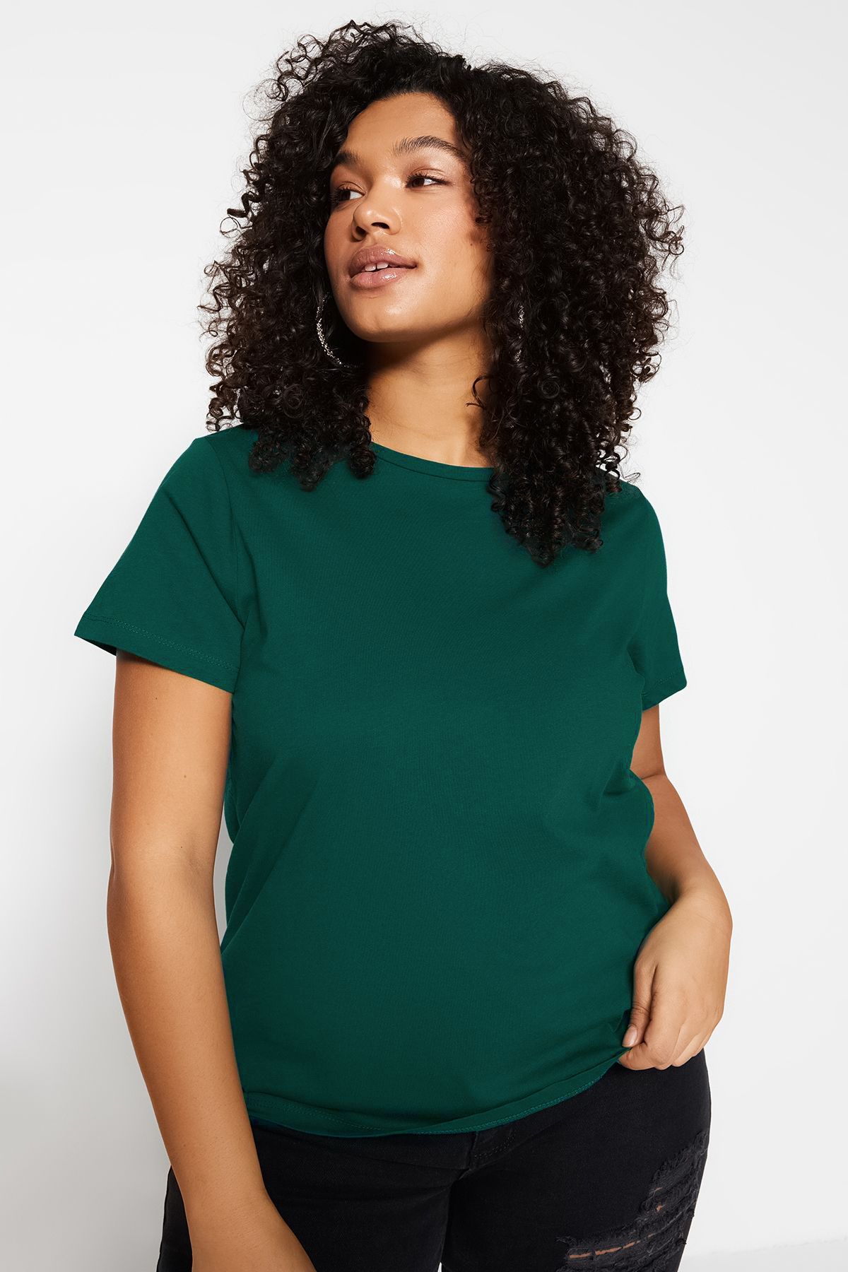 Trendyol Curve-Tricou cu gât verde smarald, 100% bumbac, mărime mare - TBBSS22TS0733 2