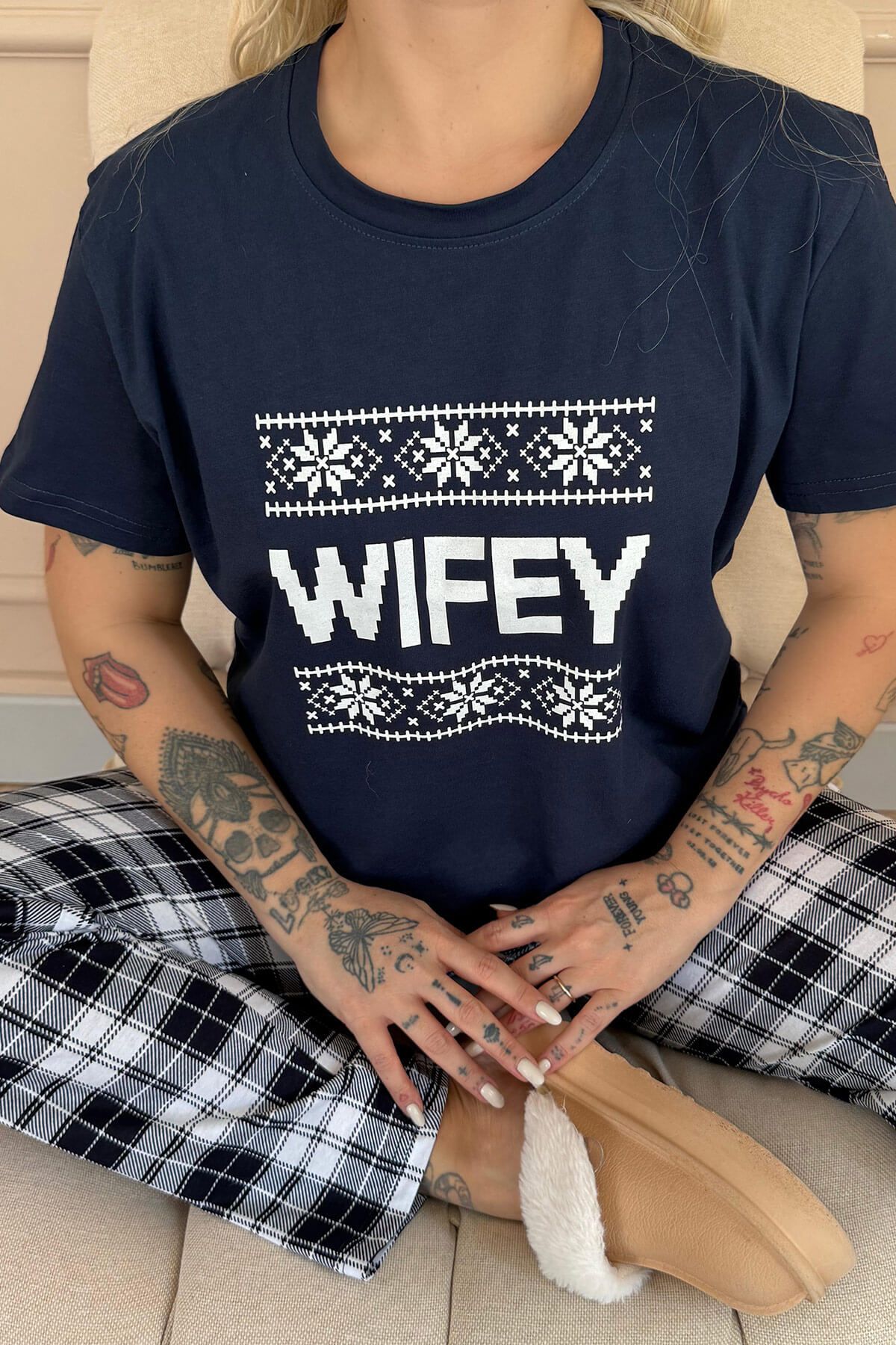 Pijamaevi-Set de pijamale Dear Family Wifey cu mânecă scurtă, albastru bleumarin 3