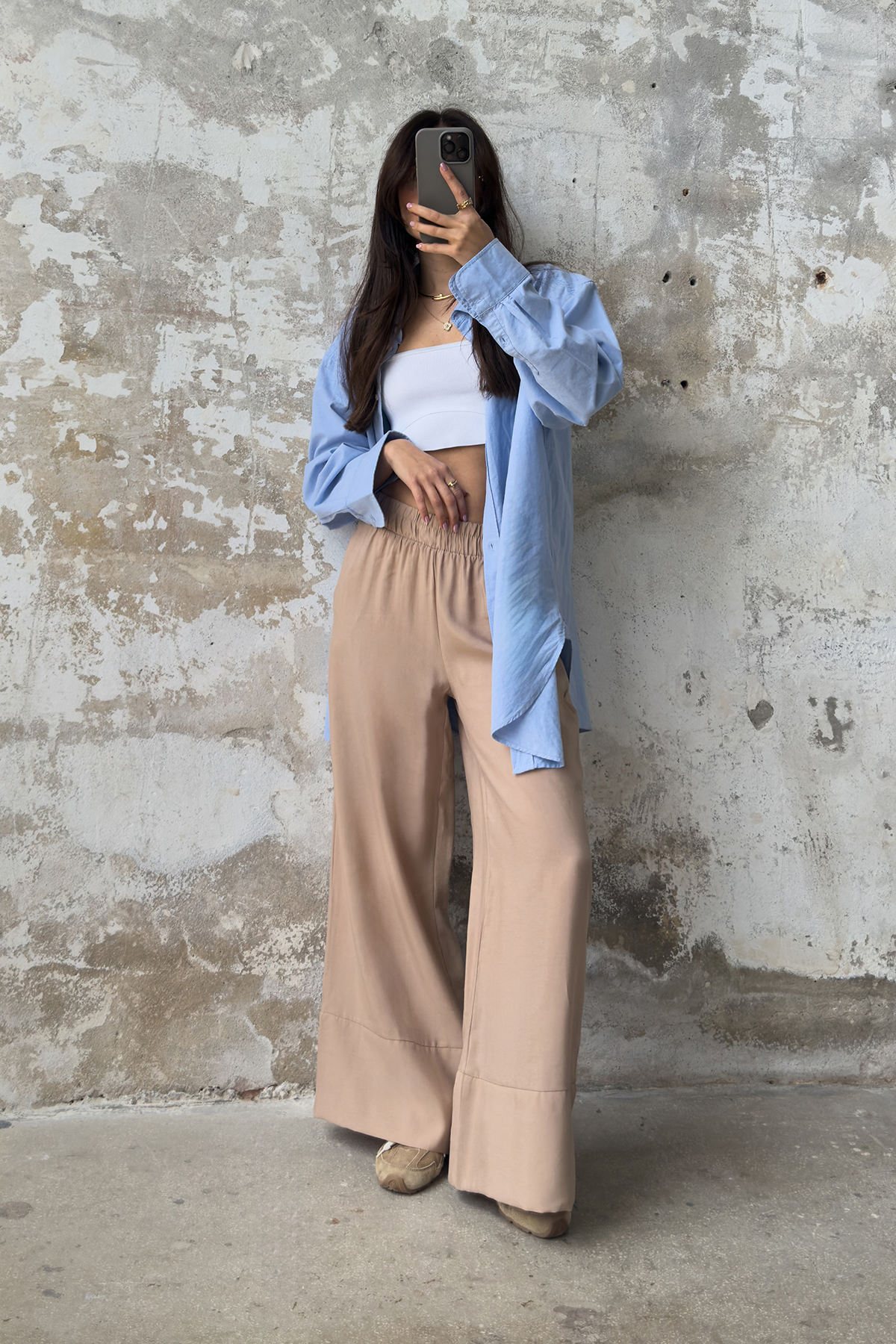 Trendyolmilla Vizon Modal Cep Detaylı Wide Leg/Geniş Paça Pileli Dokuma Pantolon TWOSS25PL00081 Palazzo