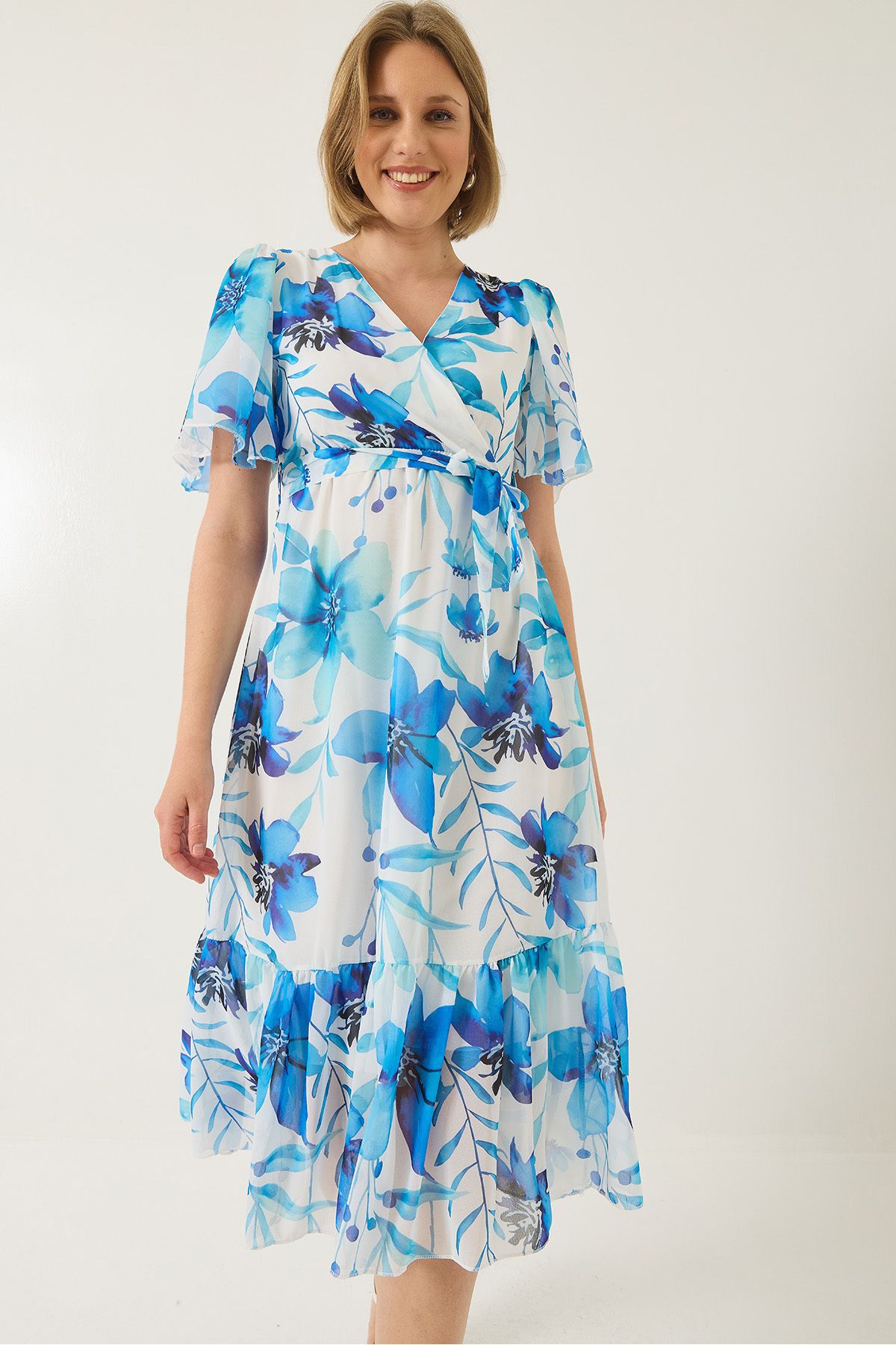Bianco Lucci-Women's Double Breasted Collar Elastic Waist Belted Lined Patterned Chiffon Dress 60283211 5