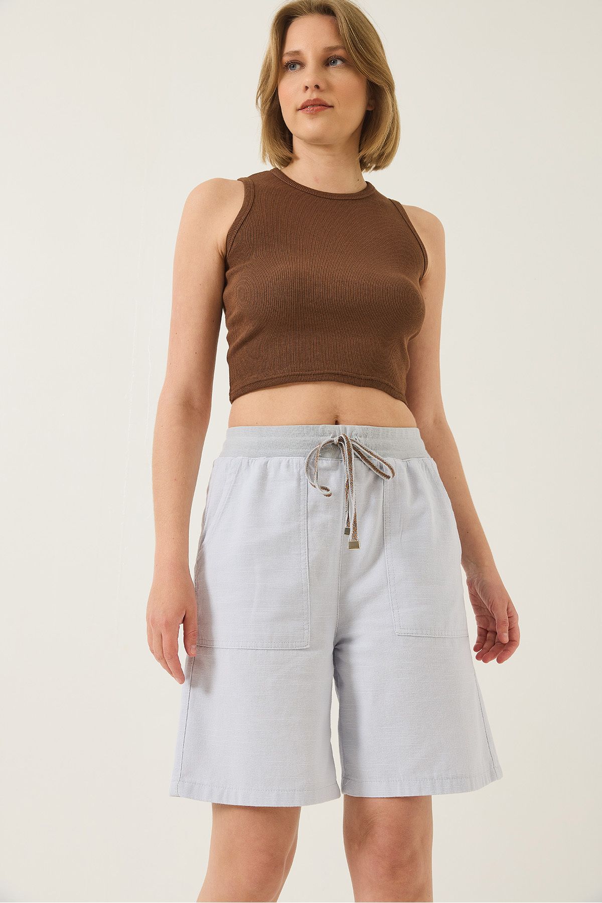 Bianco Lucci-Women's Large Pocket Detailed Tied Linen Shorts Yp5384 60283207 4