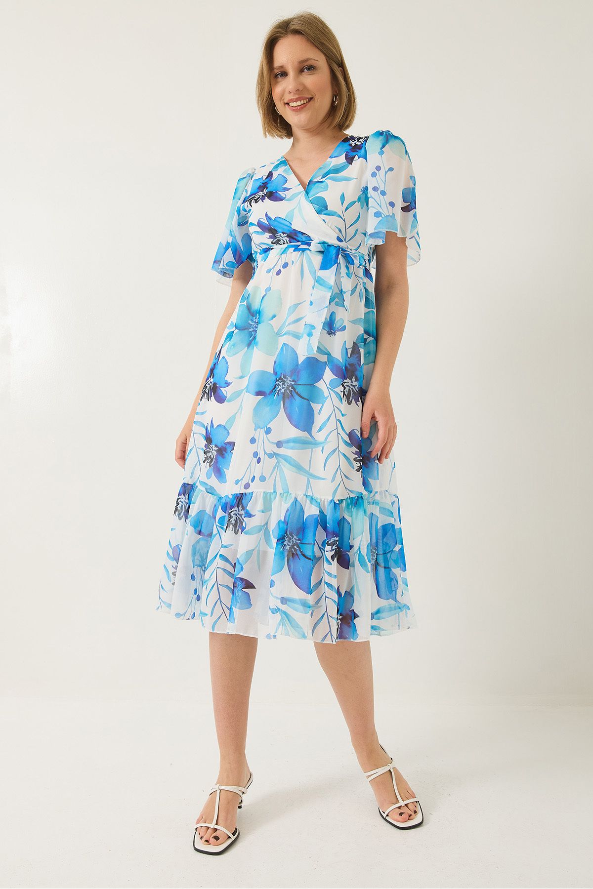 Bianco Lucci-Women's Double Breasted Collar Elastic Waist Belted Lined Patterned Chiffon Dress 60283211 2