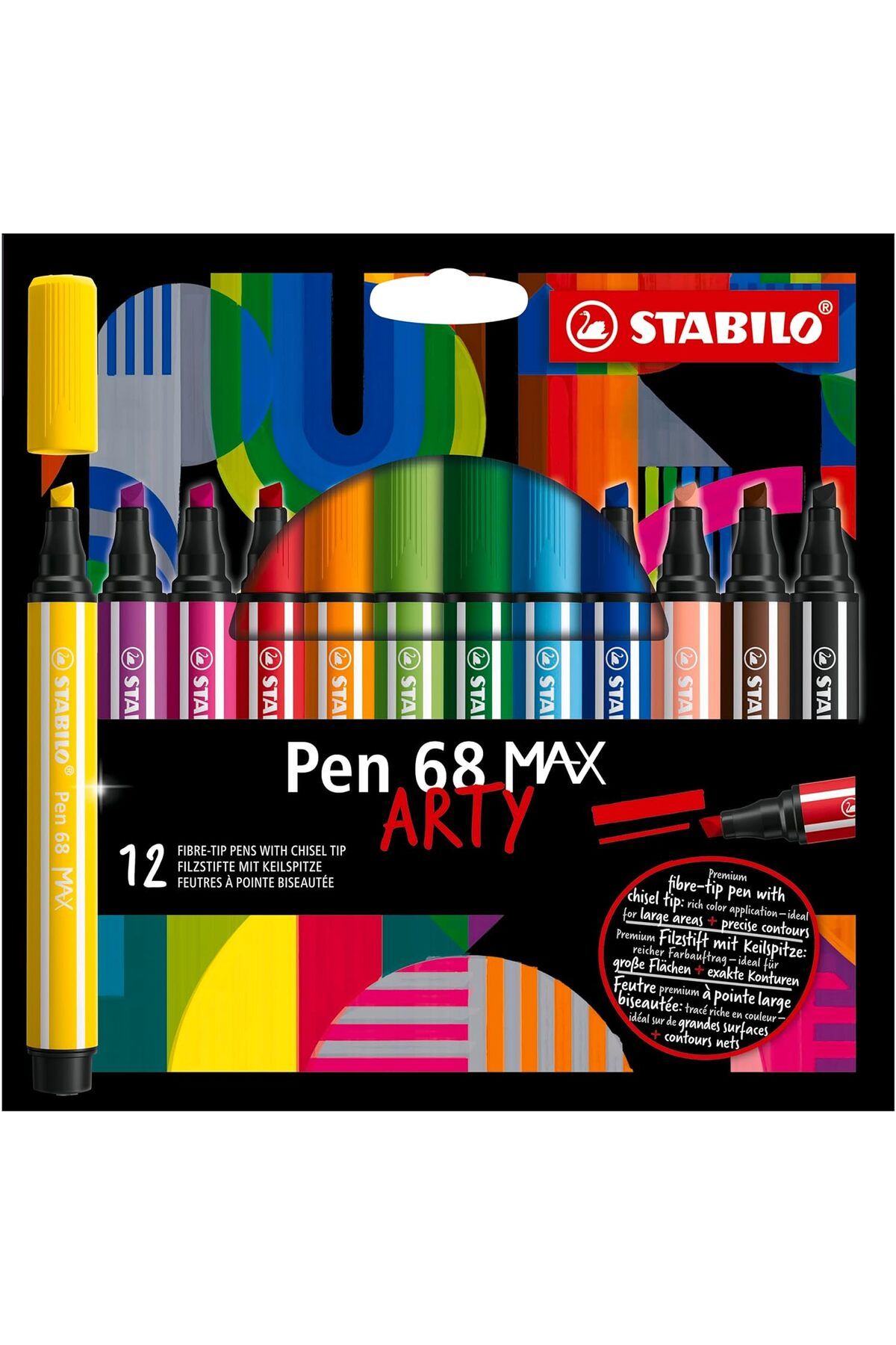 ÇAĞUR çağur Pen 68 MAX ARTY - Keçe Uçlu Boya Kalemi, Kalın Kama Uçlu - 12'li Paket - Çeşitli Renkl