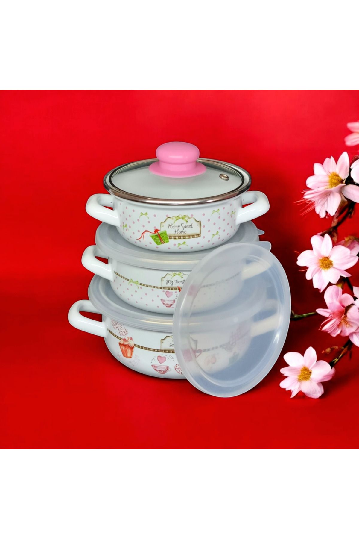 emaye market-Enamel 3-Piece Cook, Hide Pots and Storage Container Set 9 Pieces 2