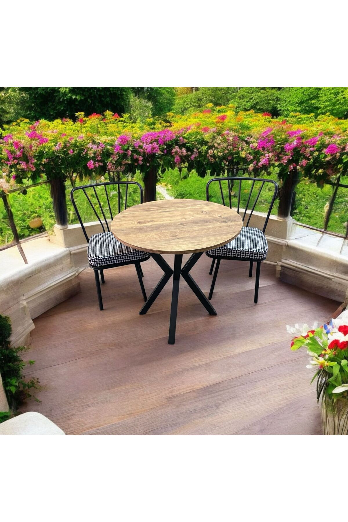 BAMBEDS MOBİLYA Bambeds Mobilya 70x70 Çam Yuvarlak Masa Ahtapot Ayak Güneş Sandalye 2 Adet
